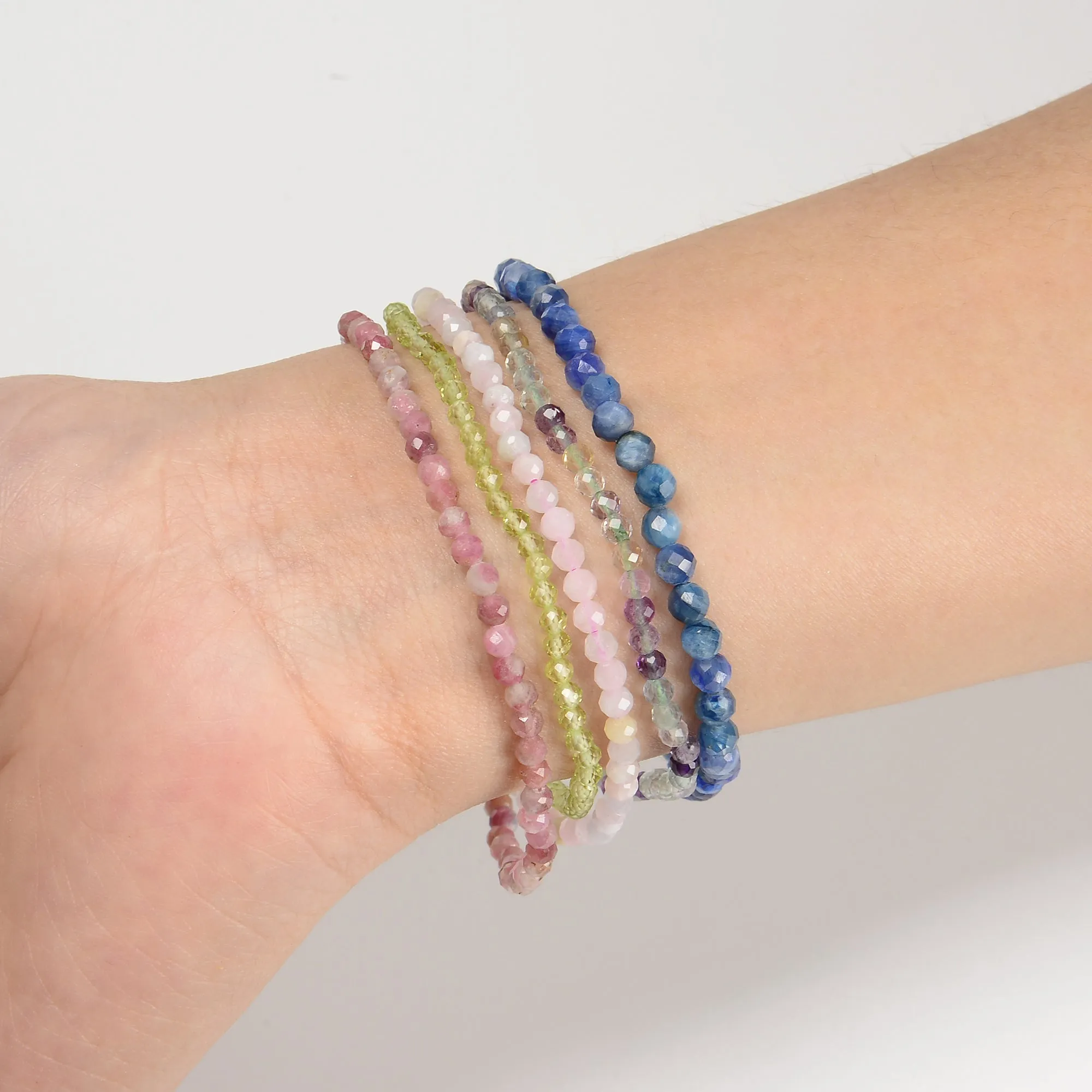 02-Natural Gemstone Faceted Round Beaded Elastic Bracelet 2mm 3mm 4mm 7.5'' Long