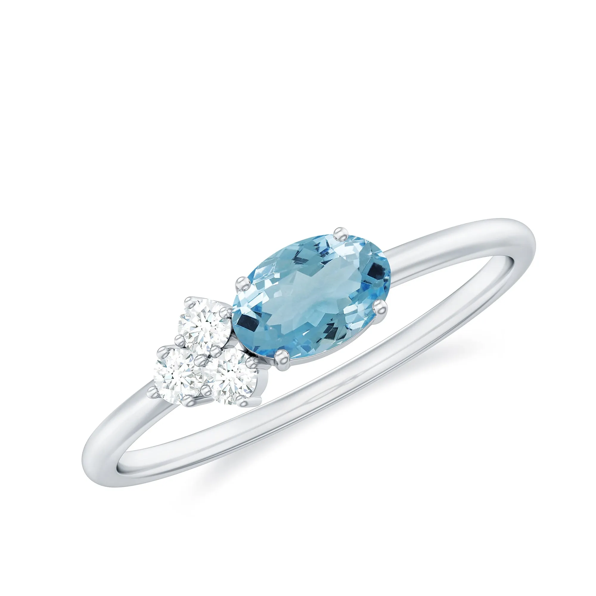 1/2 CT Oval Cut Aquamarine Promise Ring with Diamond Trio
