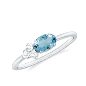 1/2 CT Oval Cut Aquamarine Promise Ring with Diamond Trio