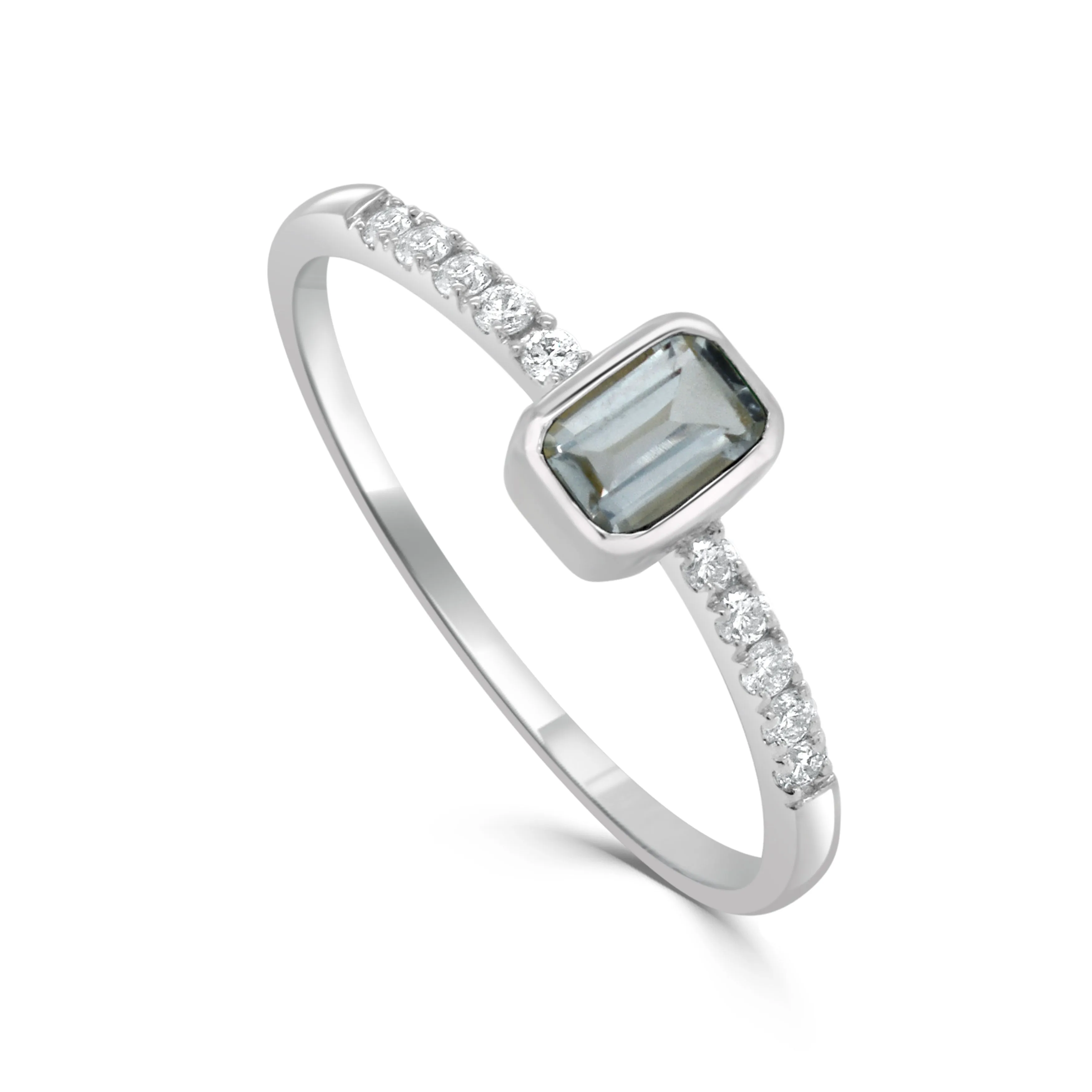 14K Gold Diamond & Aquamarine Bezel Ring