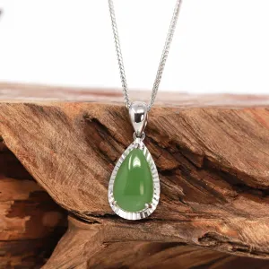 14K Gold "Classic Tear Drop" Green Apple Green Jade Diamond Cut Setting Pendant Necklace
