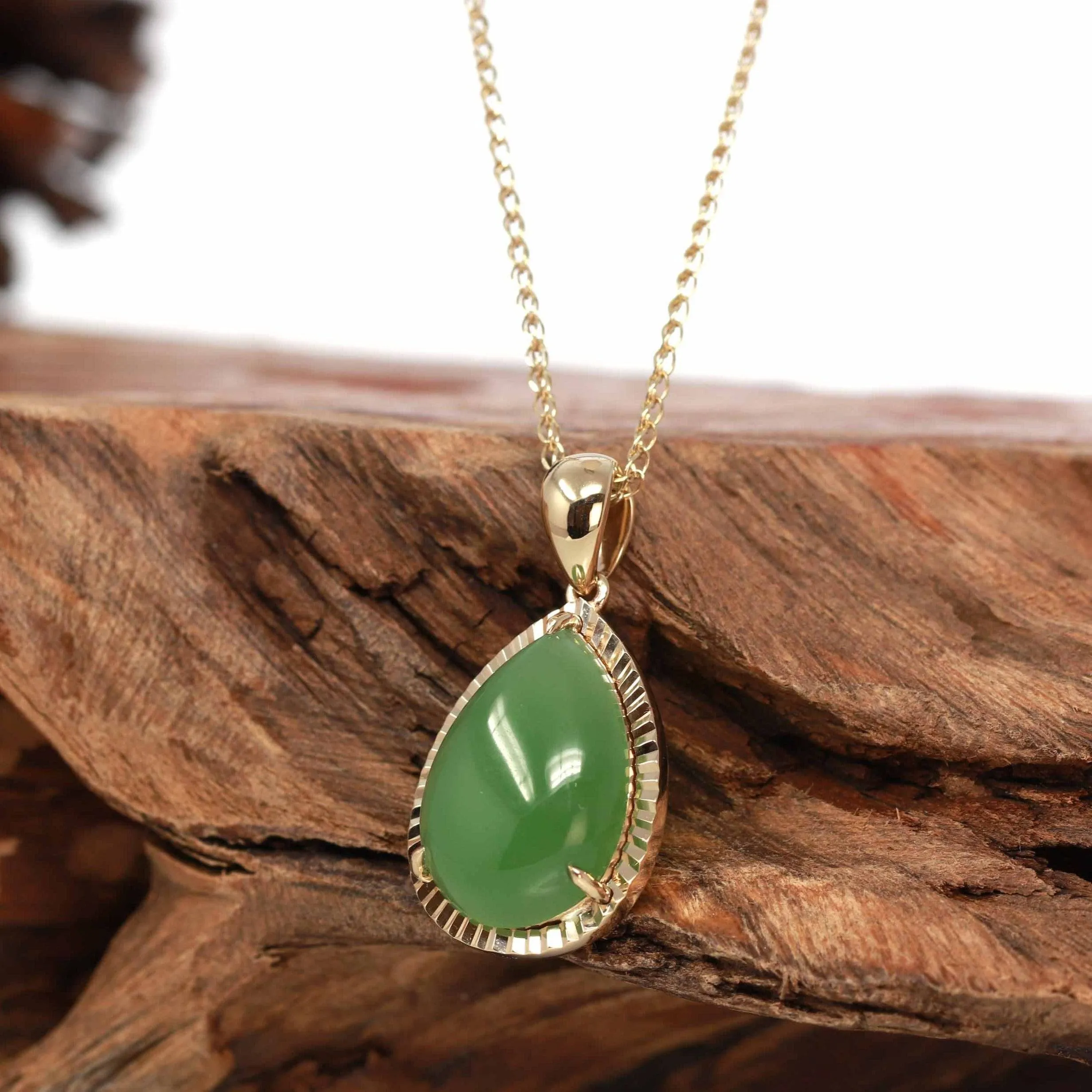 14K Gold "Classic Tear Drop" Green Apple Green Jade Diamond Cut Setting Pendant Necklace