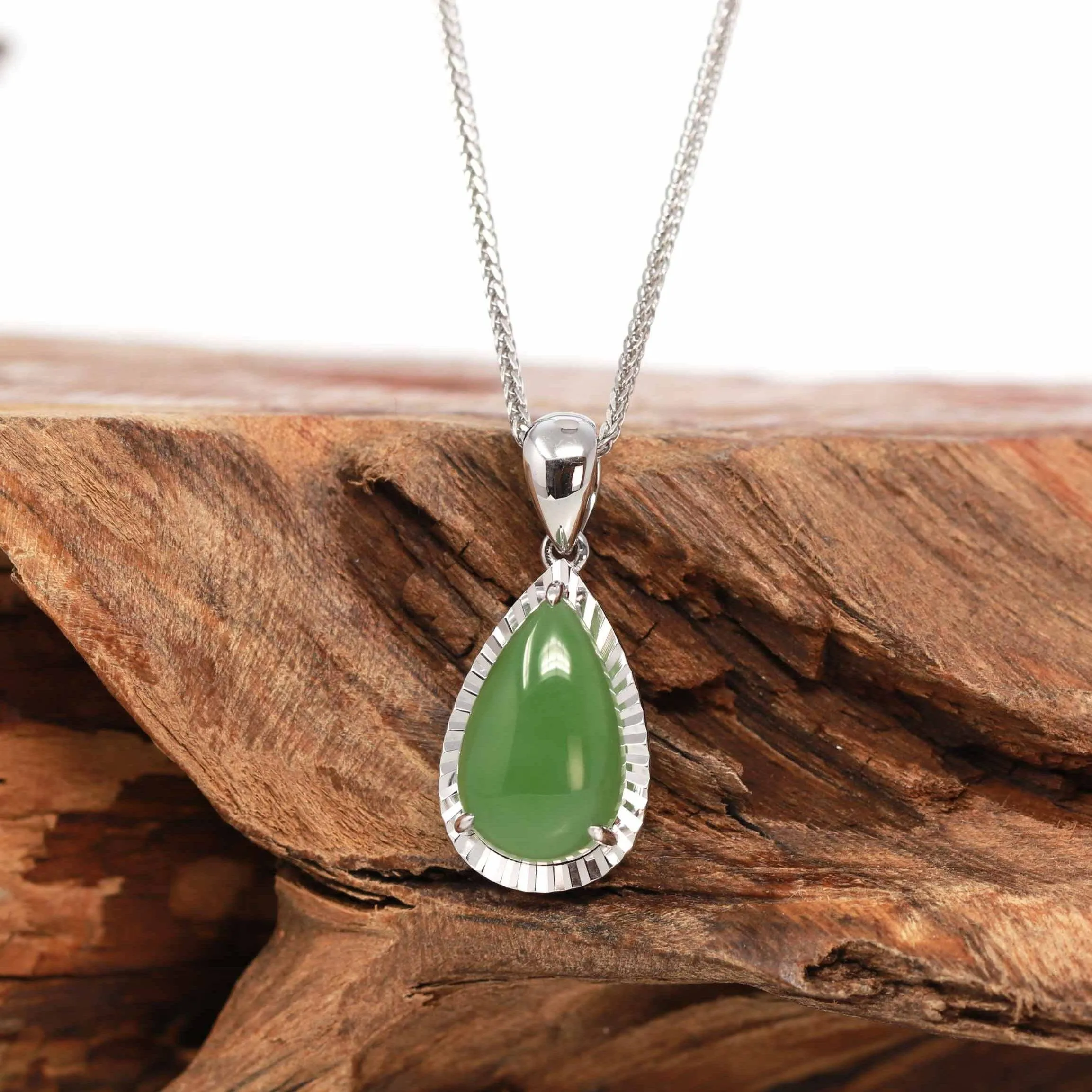 14K Gold "Classic Tear Drop" Green Apple Green Jade Diamond Cut Setting Pendant Necklace