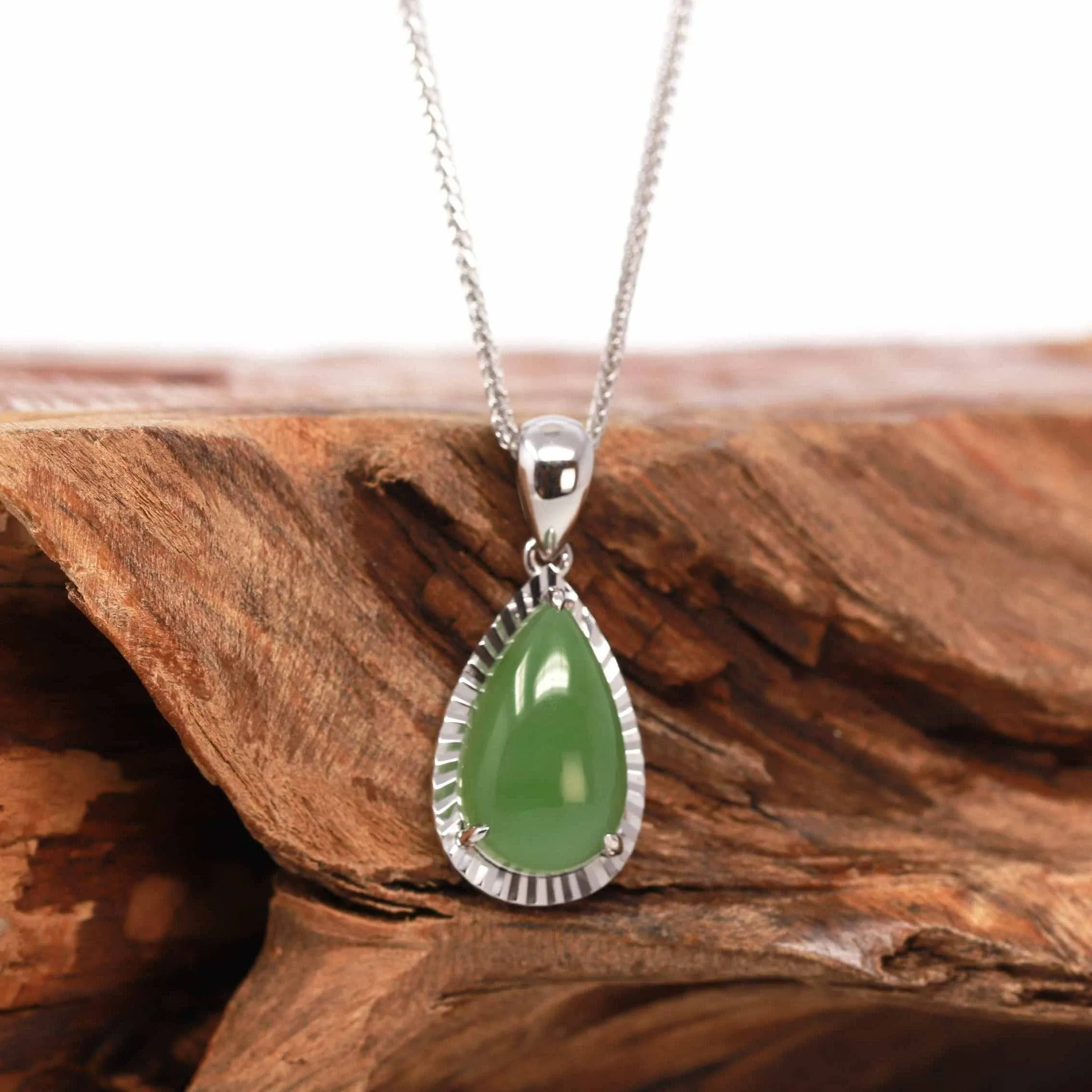 14K Gold "Classic Tear Drop" Green Apple Green Jade Diamond Cut Setting Pendant Necklace