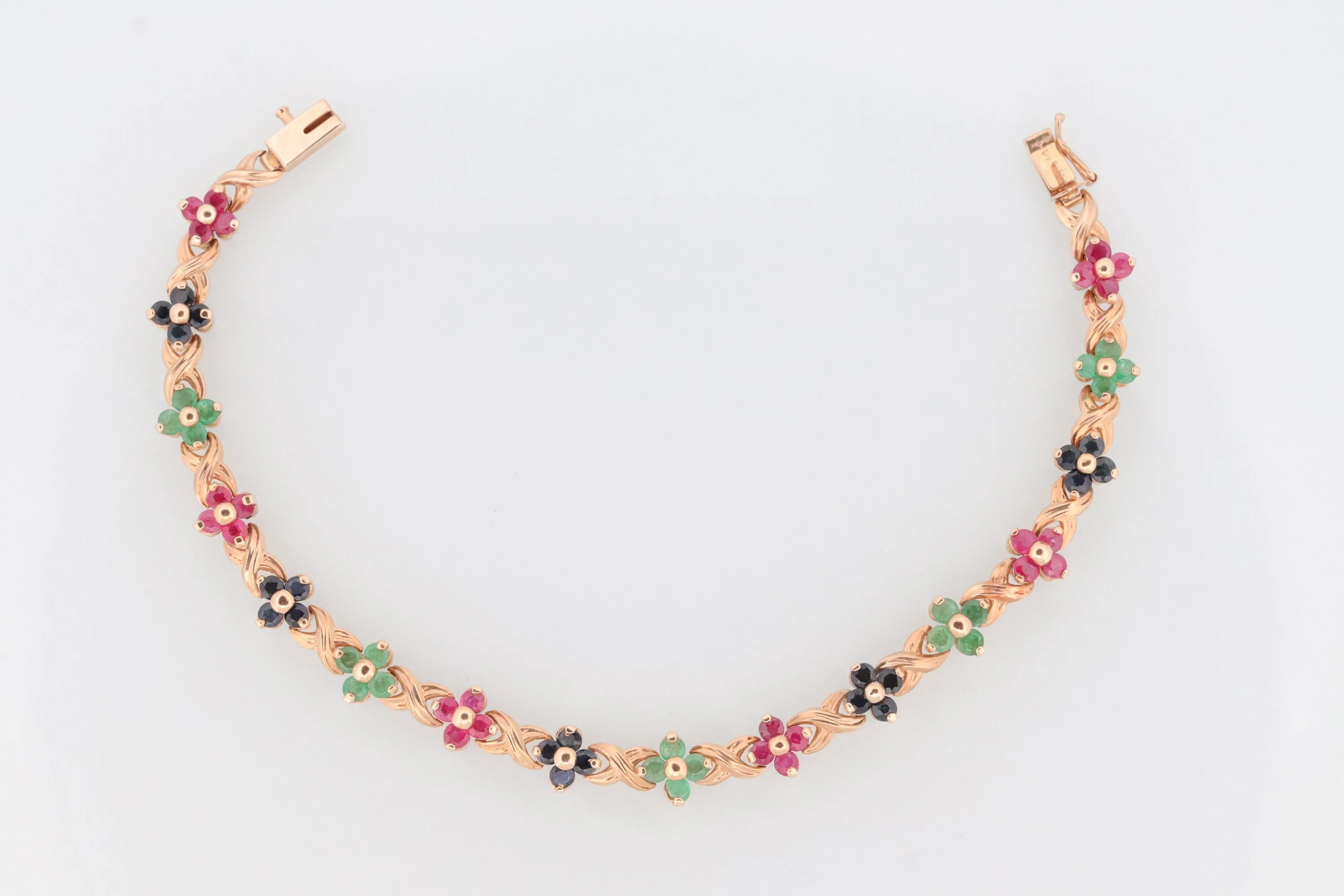 14k Multi-Color Gem Bracelet. Heavy XOXO Round Ruby Emerald Sapphire Flower Cluster arrangement Kiss Hug bracelet. (st215)