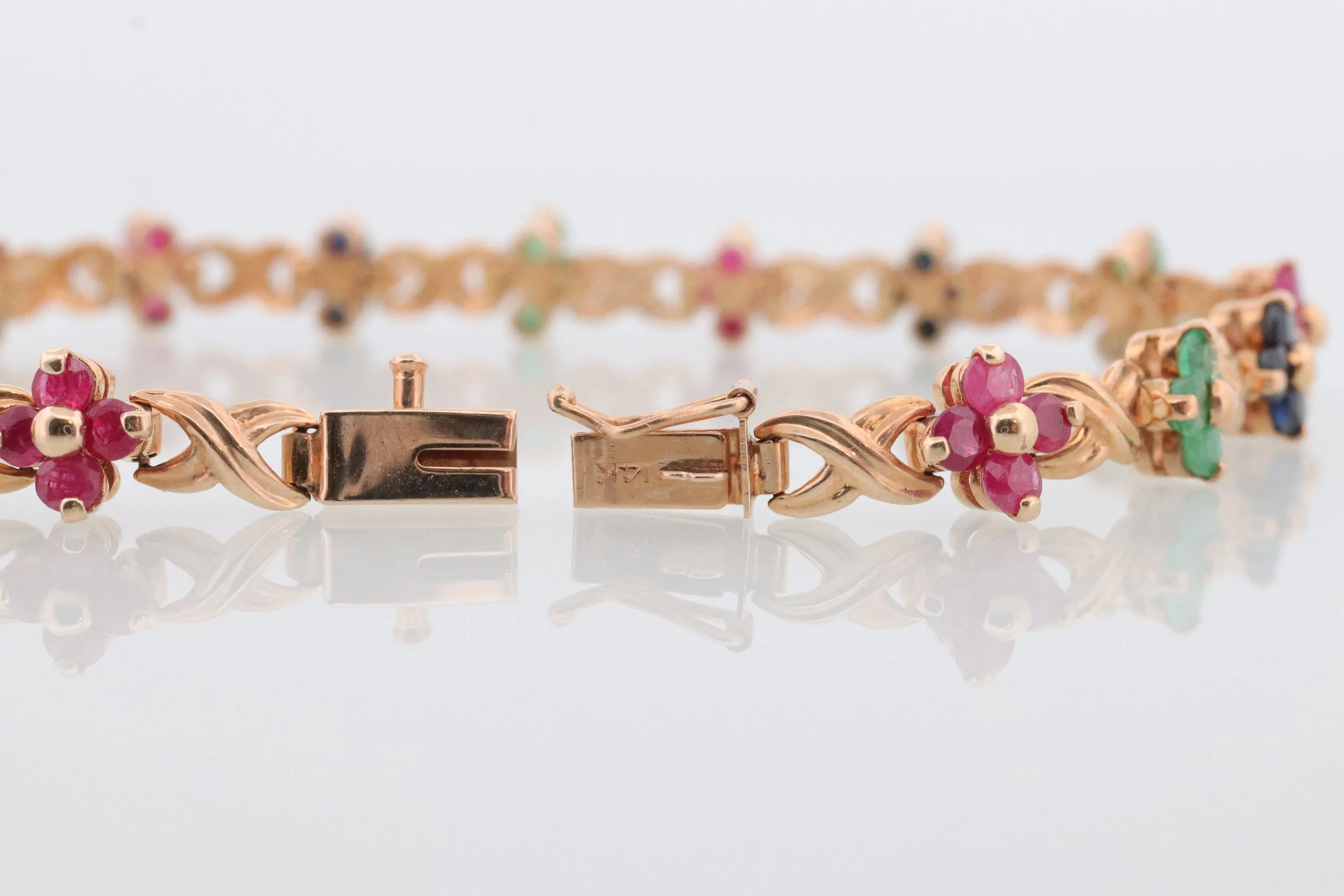 14k Multi-Color Gem Bracelet. Heavy XOXO Round Ruby Emerald Sapphire Flower Cluster arrangement Kiss Hug bracelet. (st215)