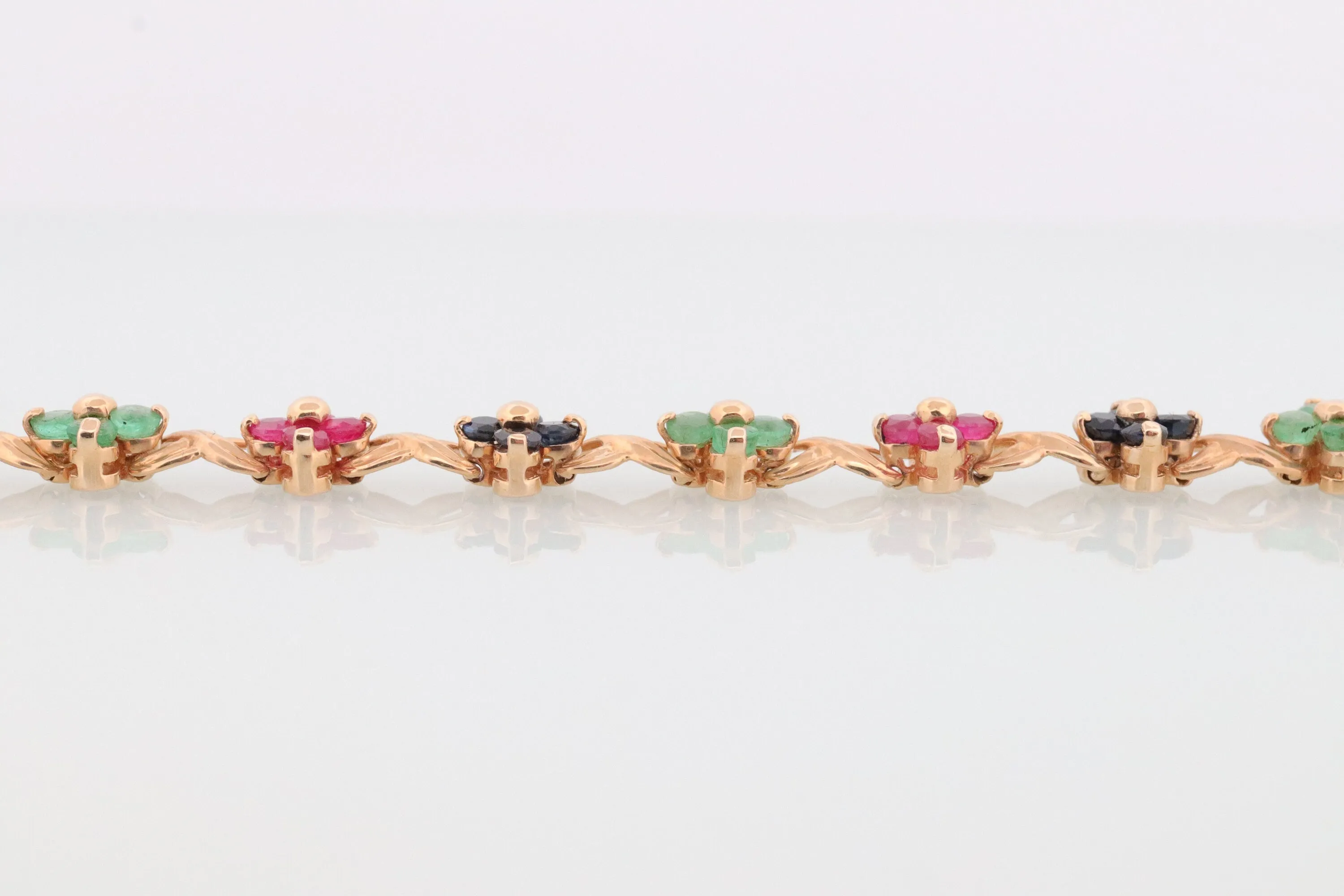 14k Multi-Color Gem Bracelet. Heavy XOXO Round Ruby Emerald Sapphire Flower Cluster arrangement Kiss Hug bracelet. (st215)