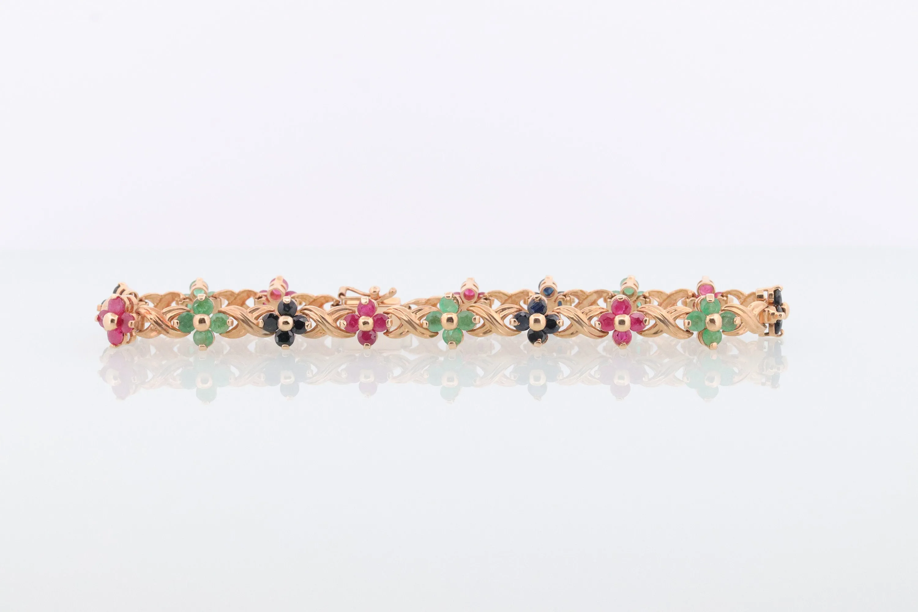 14k Multi-Color Gem Bracelet. Heavy XOXO Round Ruby Emerald Sapphire Flower Cluster arrangement Kiss Hug bracelet. (st215)