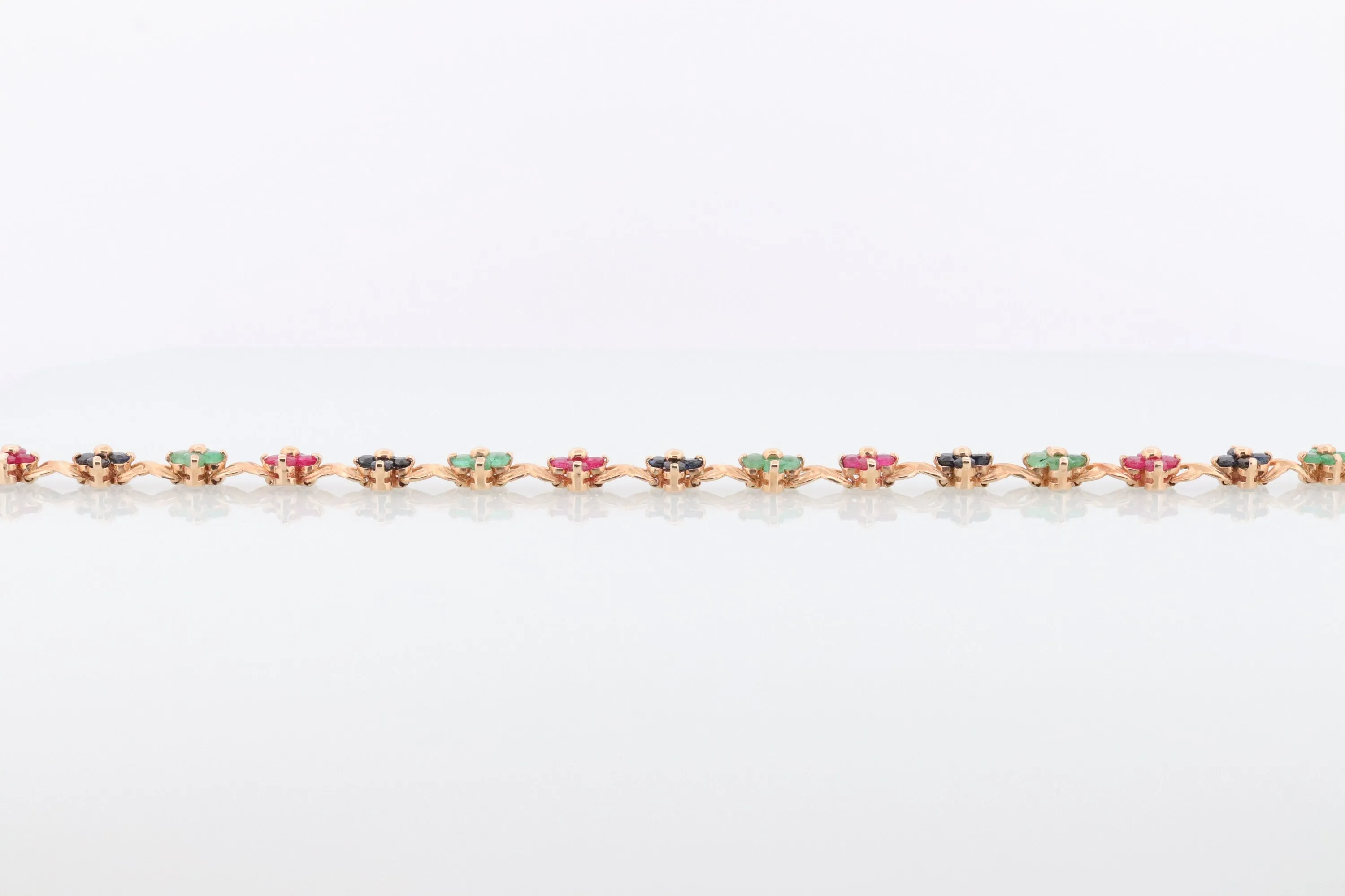 14k Multi-Color Gem Bracelet. Heavy XOXO Round Ruby Emerald Sapphire Flower Cluster arrangement Kiss Hug bracelet. (st215)