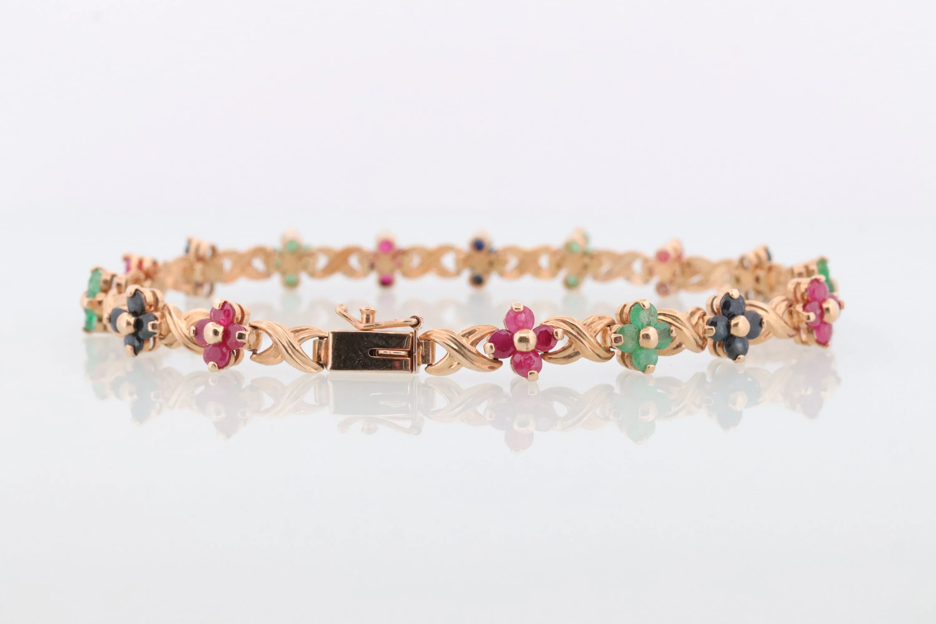 14k Multi-Color Gem Bracelet. Heavy XOXO Round Ruby Emerald Sapphire Flower Cluster arrangement Kiss Hug bracelet. (st215)