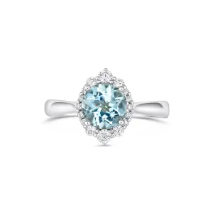 14K White Gold Aquamarine and Diamond Ring with Diamond Halo
