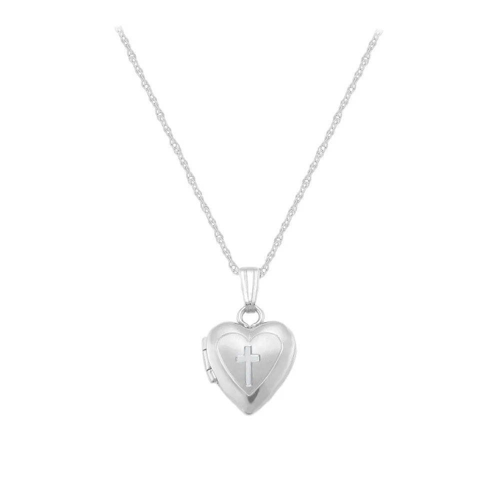 14K White Gold Heart Cross Rope Chain Locket For Babies And Toddlers (13 in)