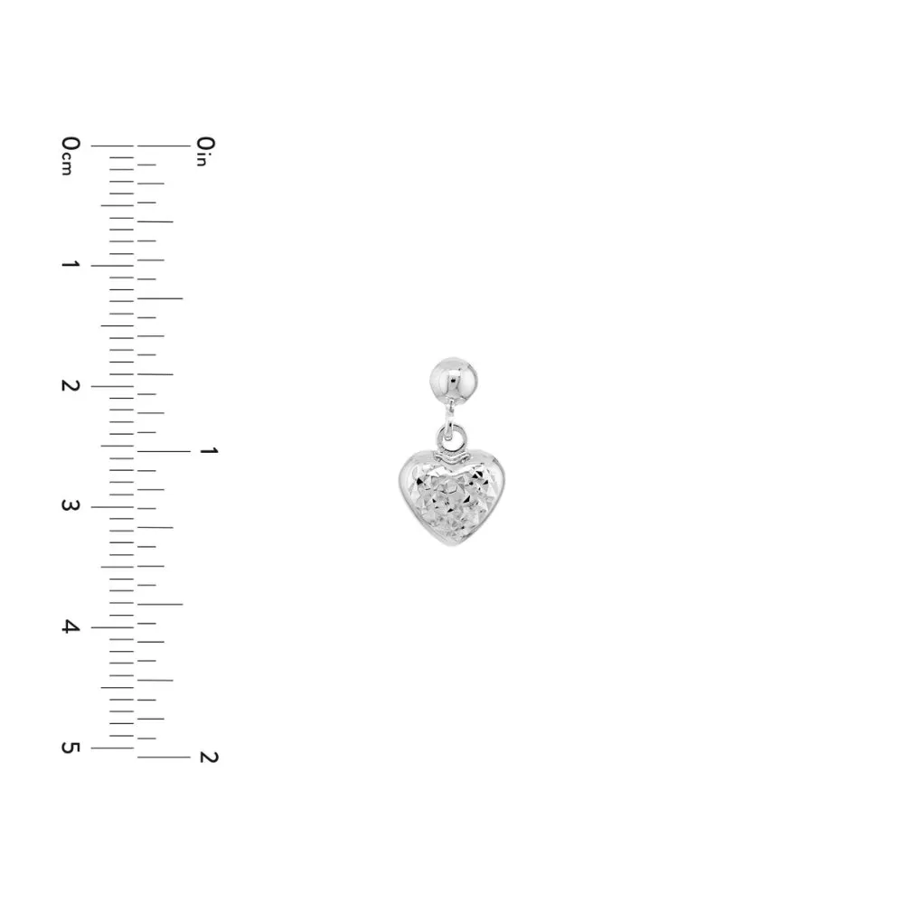 14k White Gold Puffed Heart Dangle Earrings