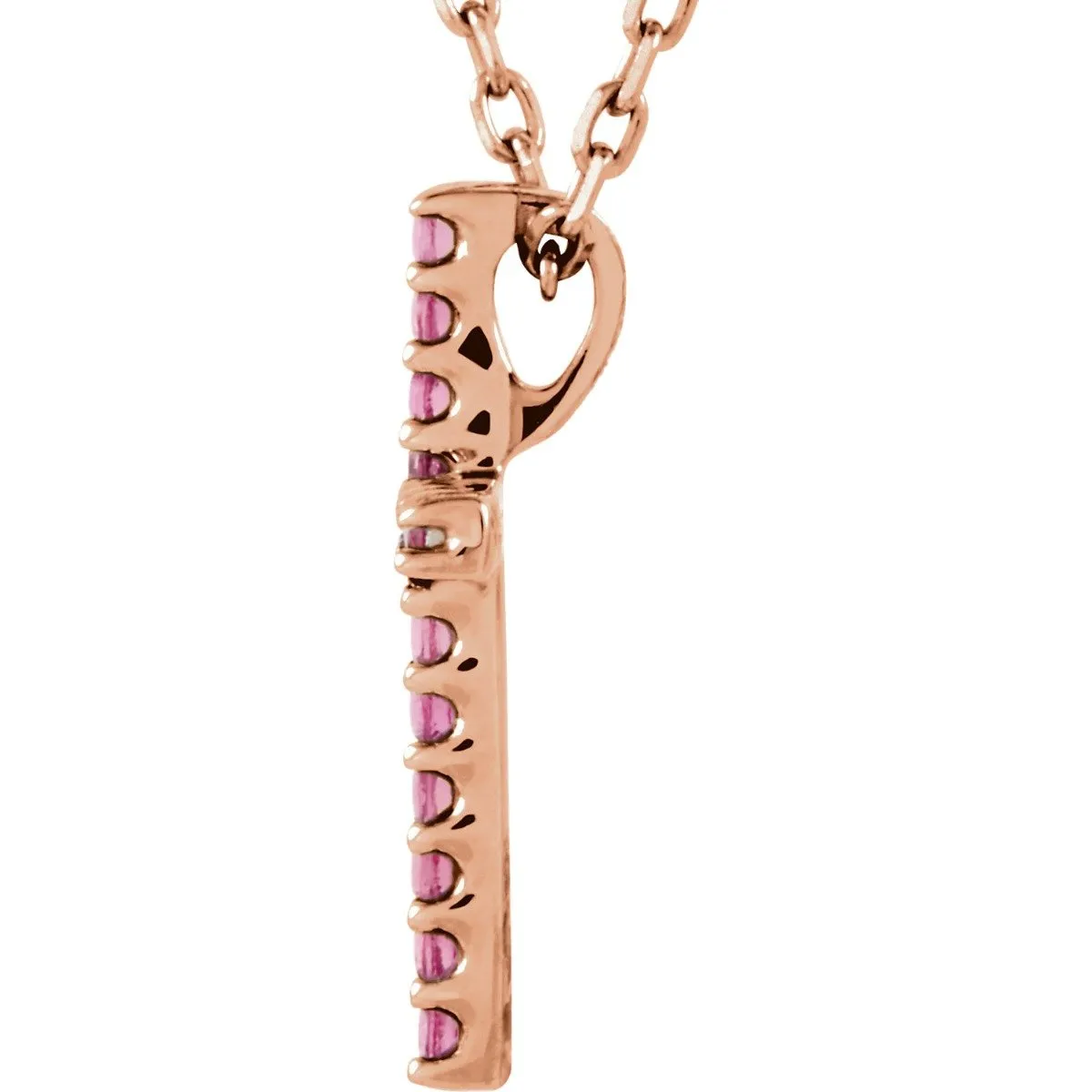 14KT GOLD 0.08 CTW PINK TOURMALINE PETITE CROSS NECKLACE