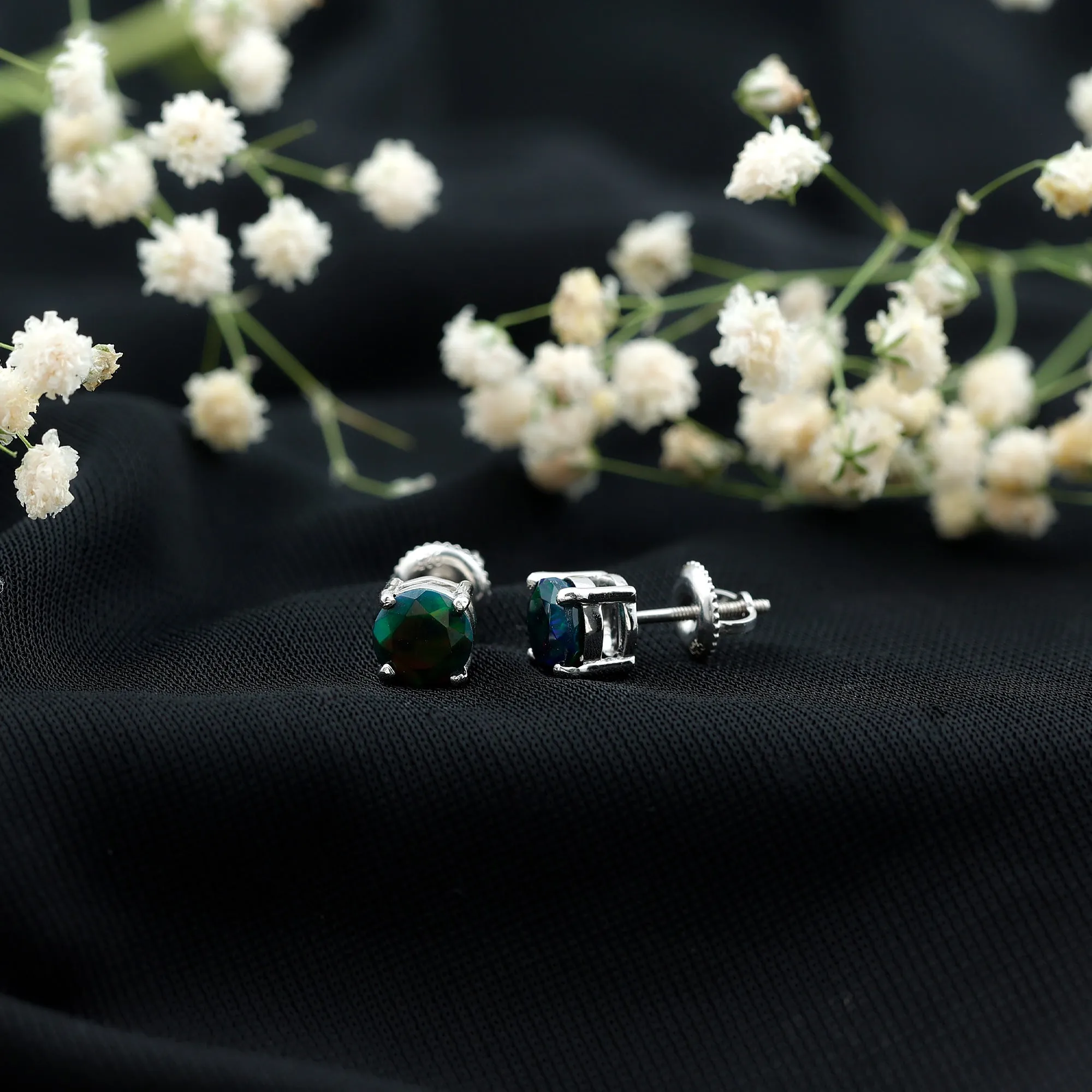 1.50 CT Black Opal Solitaire Stud Earrings