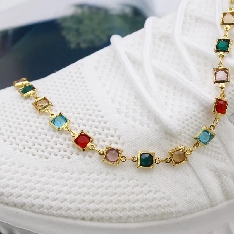 18K Gold Filled High Polish Finsh Gold and Multi Color Dark Square Crystal Anklet