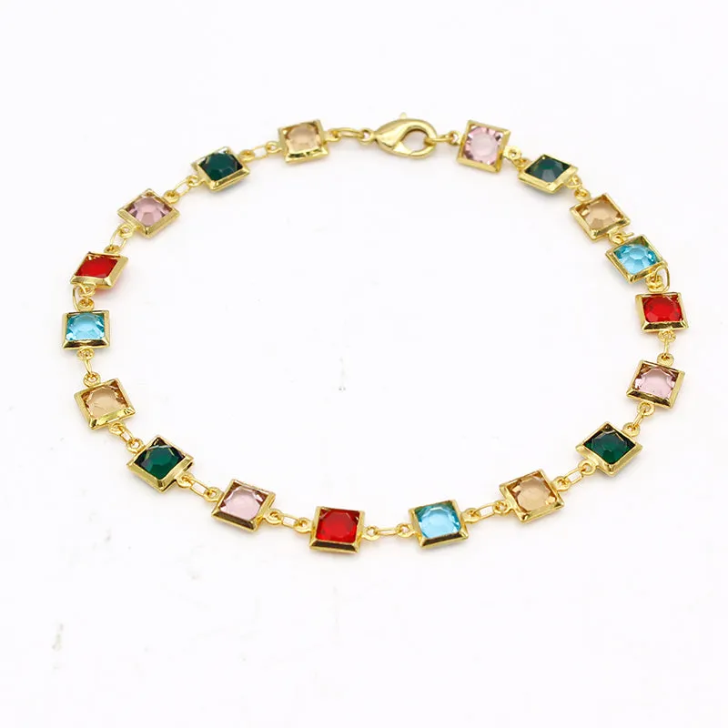 18K Gold Filled High Polish Finsh Gold and Multi Color Dark Square Crystal Anklet