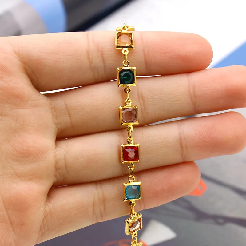 18K Gold Filled High Polish Finsh Gold and Multi Color Dark Square Crystal Anklet
