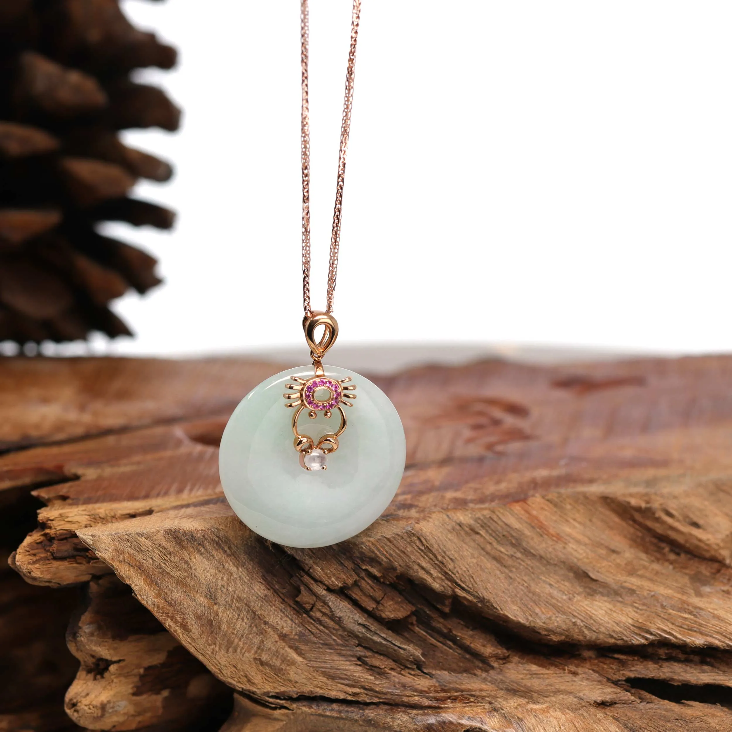 18k Rose Gold Genuine Jade Jadeite Constellation Horoscope (Cancer) Necklace Pendant with Ruby