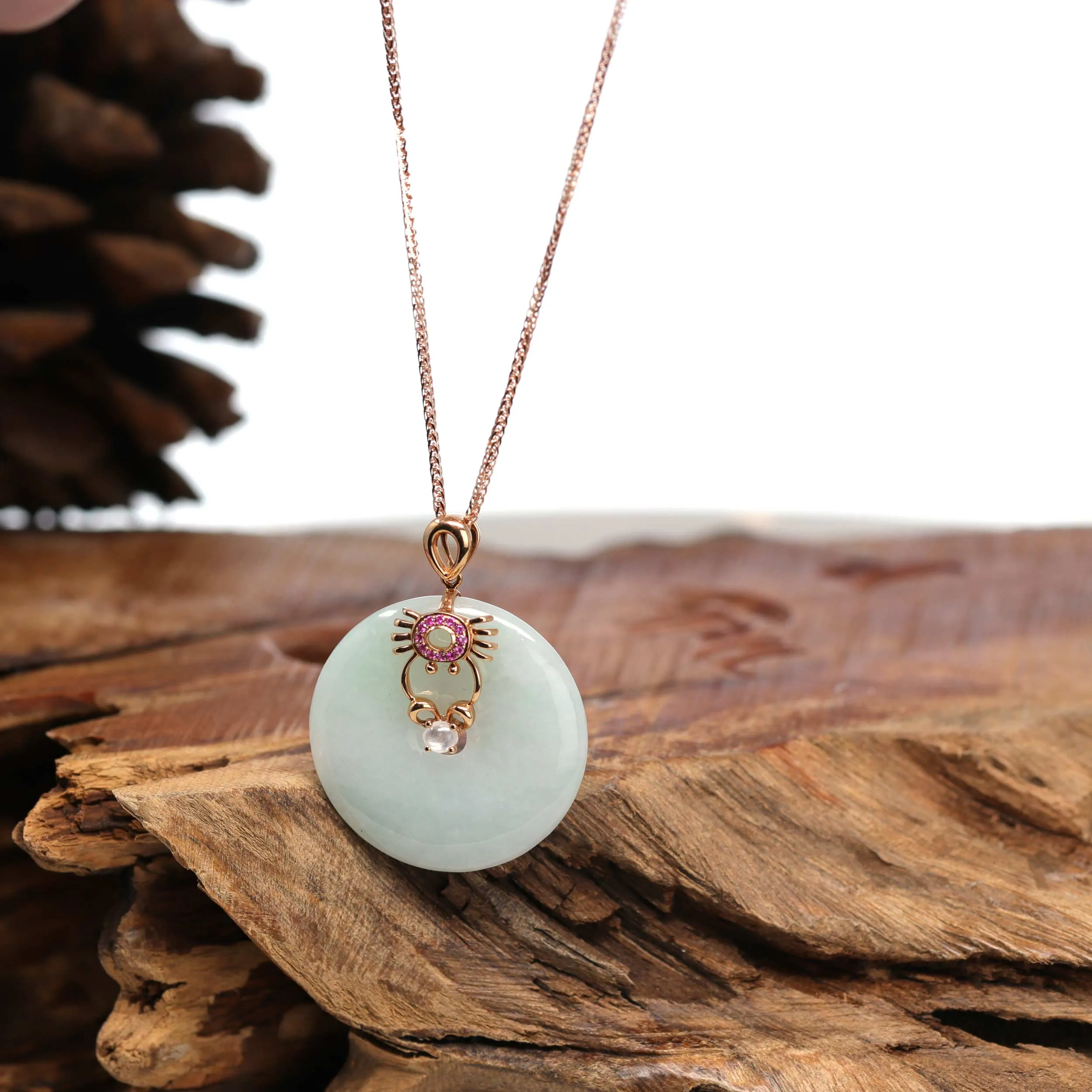 18k Rose Gold Genuine Jade Jadeite Constellation Horoscope (Cancer) Necklace Pendant with Ruby