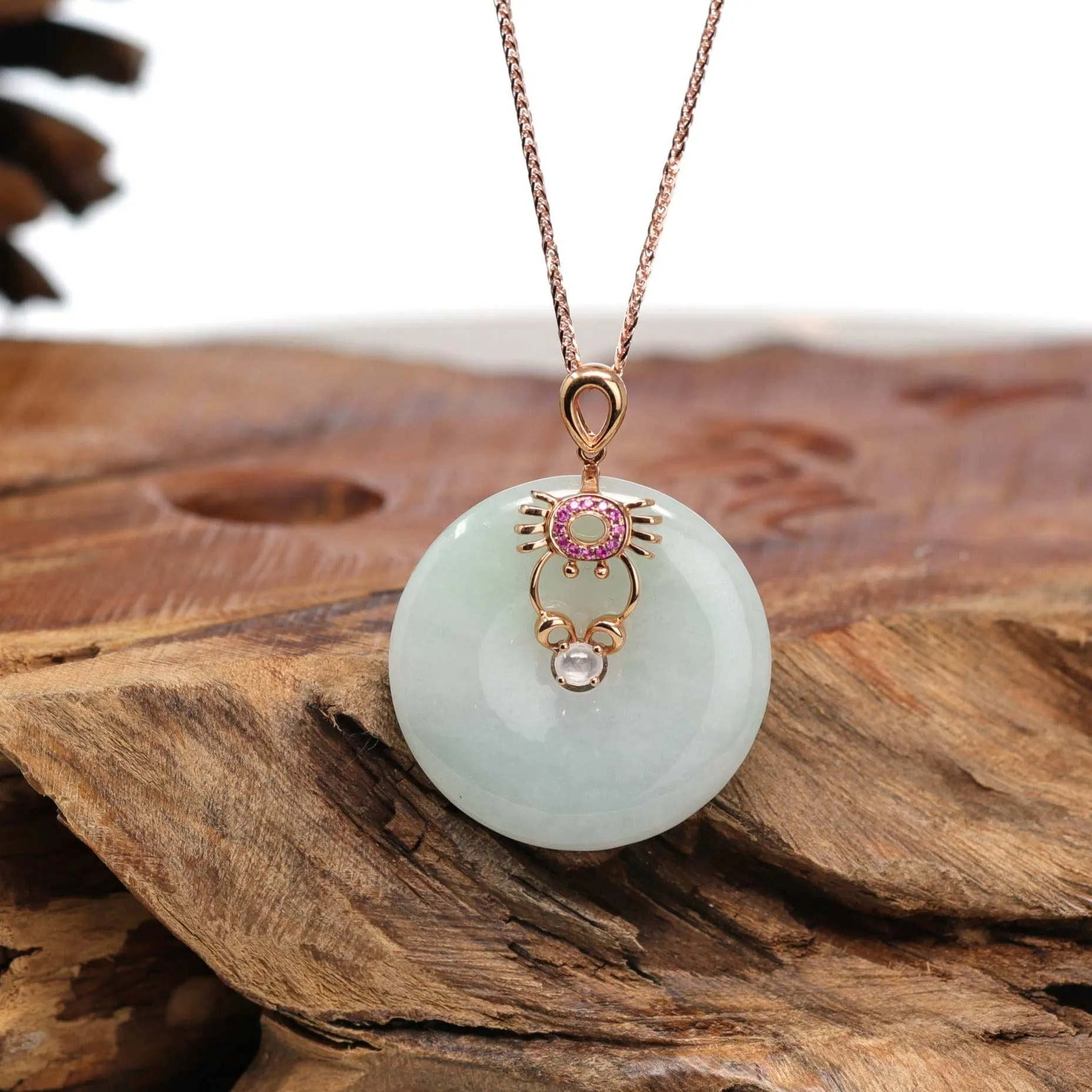 18k Rose Gold Genuine Jade Jadeite Constellation Horoscope (Cancer) Necklace Pendant with Ruby