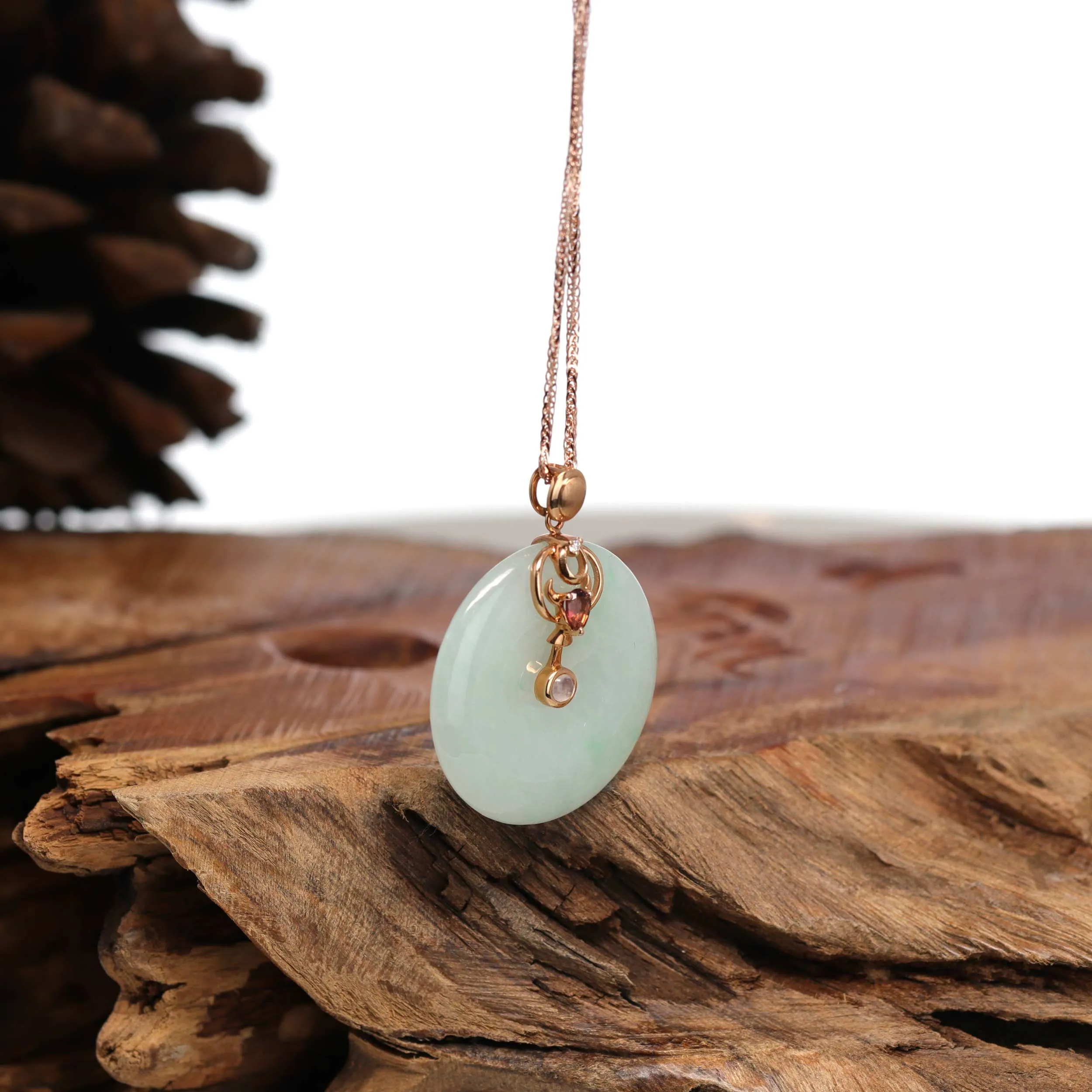 18k Rose Gold Genuine Jadeite Constellation (Taurus) Necklace with Diamonds & Tourmaline
