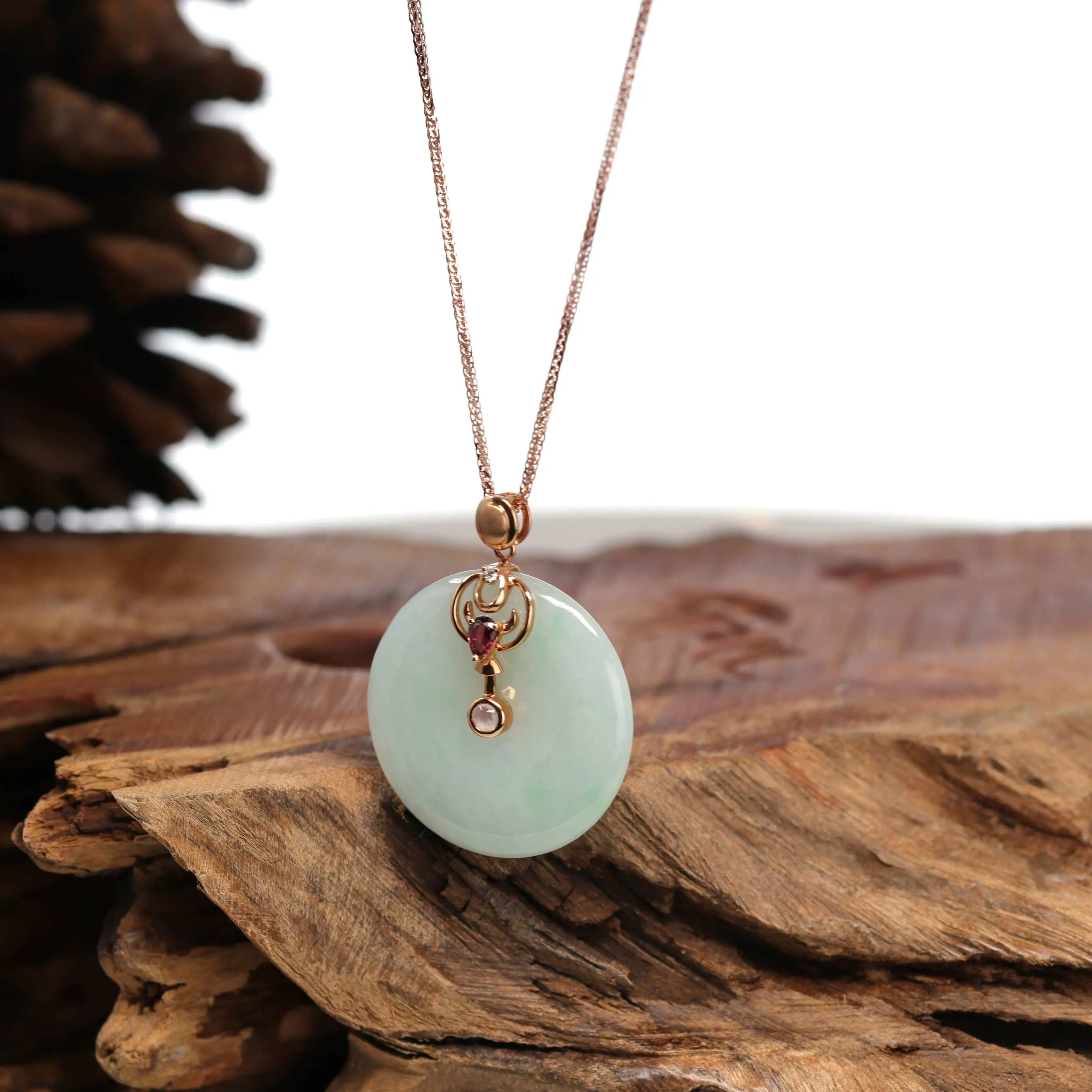 18k Rose Gold Genuine Jadeite Constellation (Taurus) Necklace with Diamonds & Tourmaline