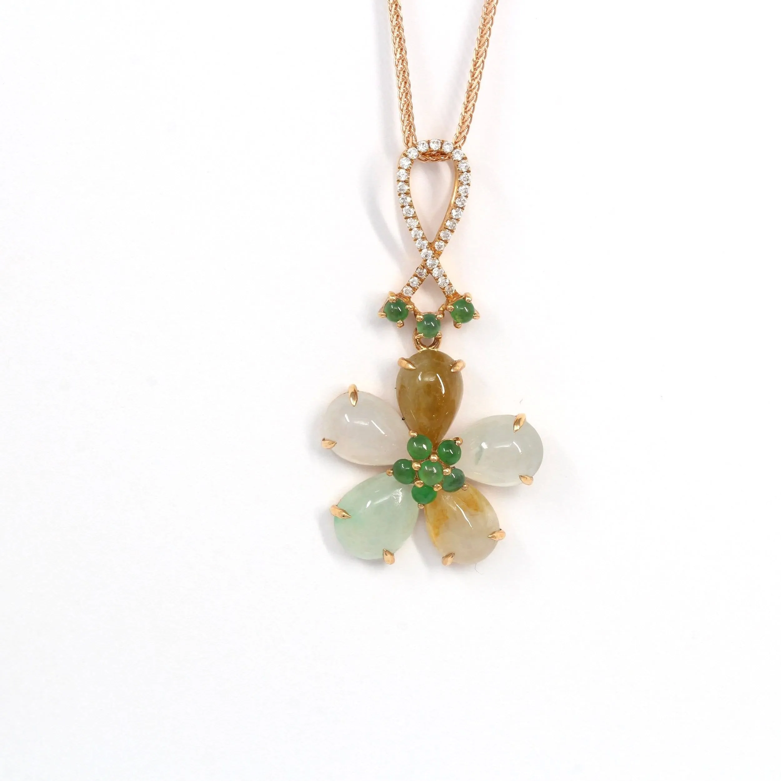 18k Rose Gold Genuine Mixed Color Burmese Jadeite Lucky Flower Necklace