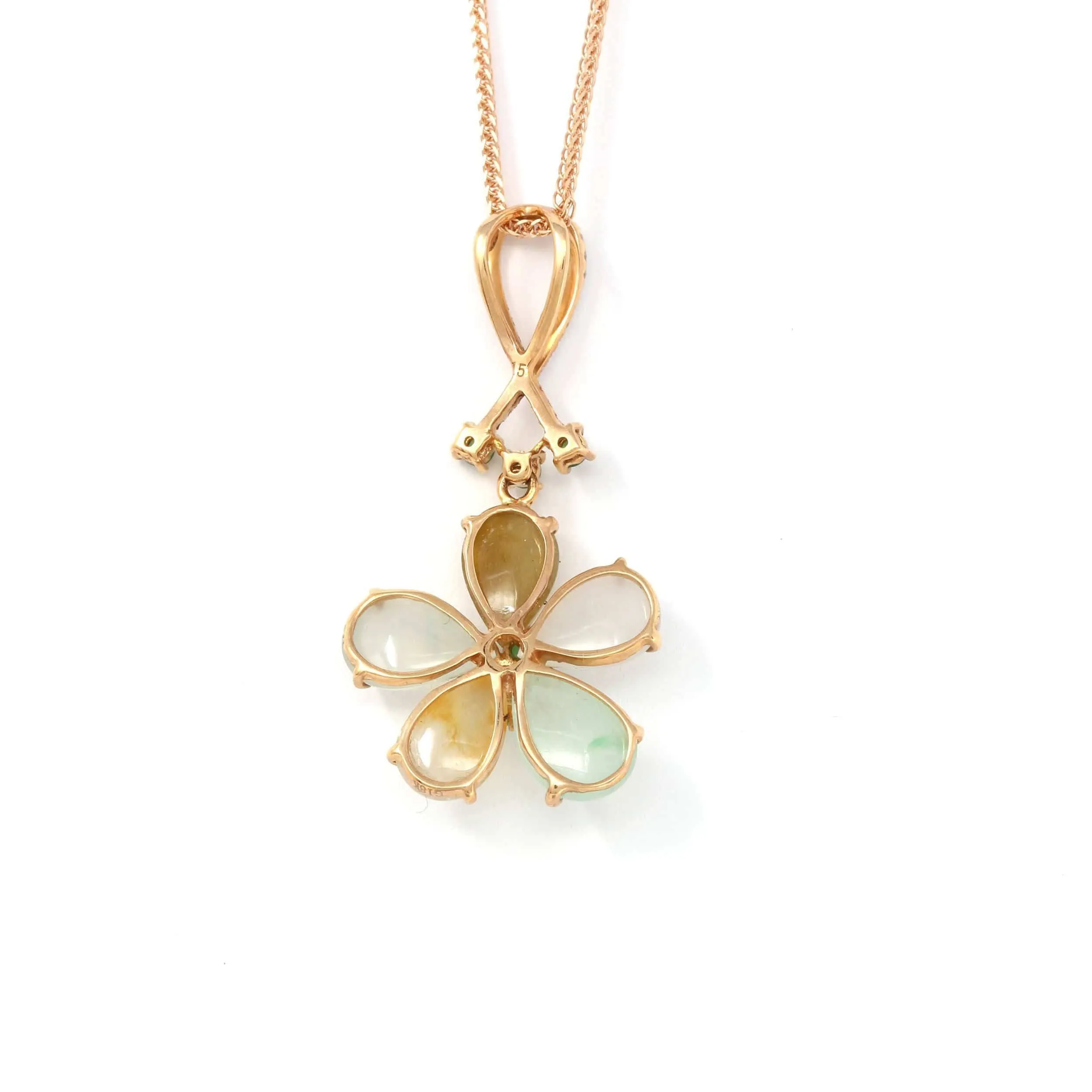 18k Rose Gold Genuine Mixed Color Burmese Jadeite Lucky Flower Necklace