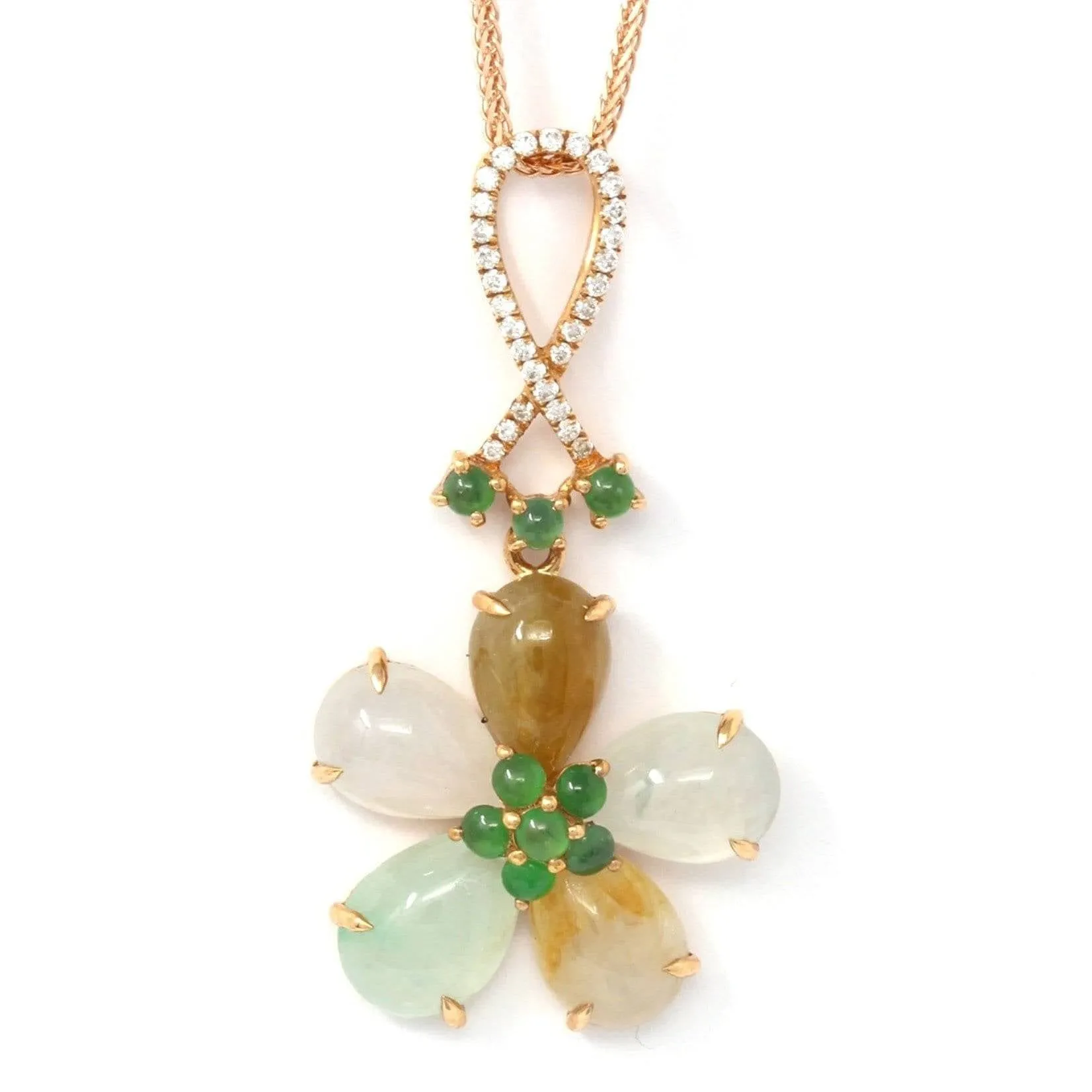 18k Rose Gold Genuine Mixed Color Burmese Jadeite Lucky Flower Necklace