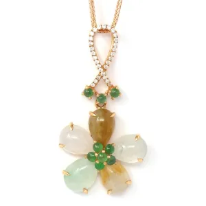 18k Rose Gold Genuine Mixed Color Burmese Jadeite Lucky Flower Necklace