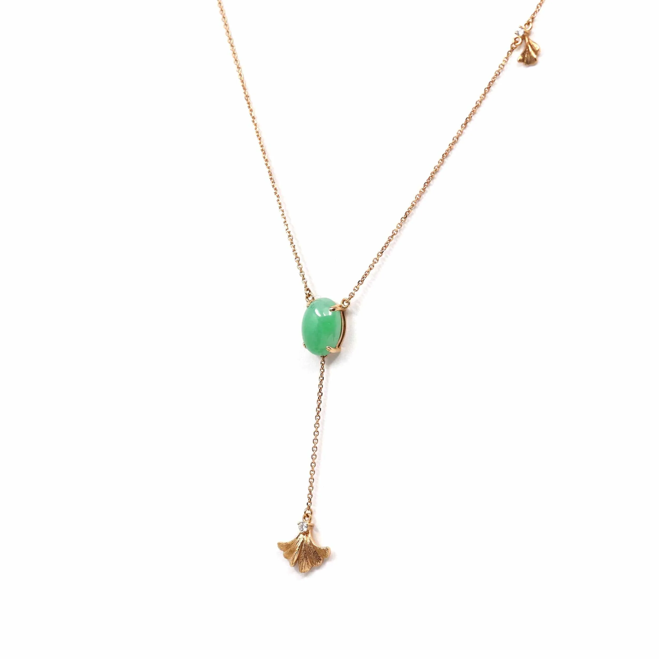 18k Rose Gold Jadeite Jade Ginkgo Leaf Pendant Necklace with Diamond