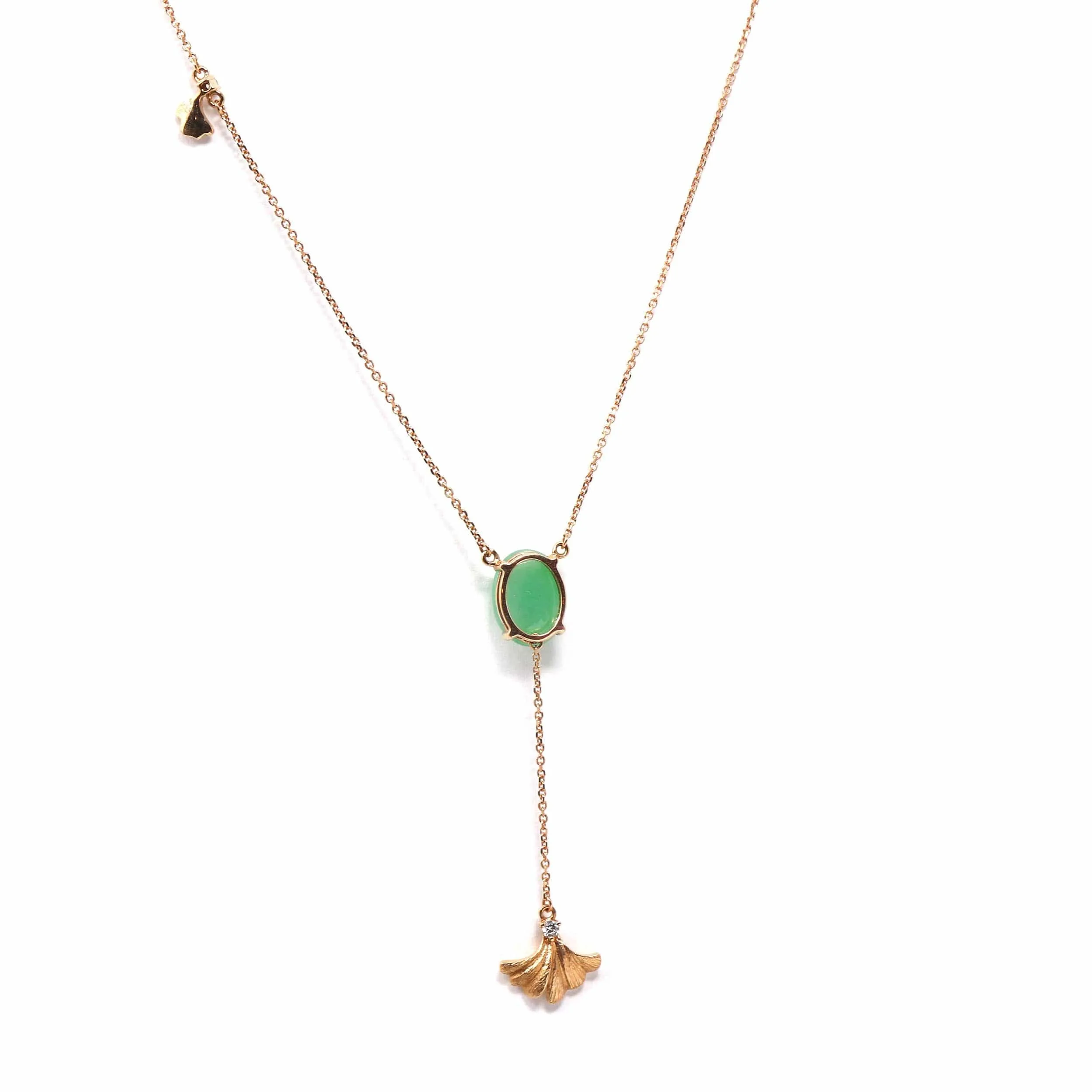18k Rose Gold Jadeite Jade Ginkgo Leaf Pendant Necklace with Diamond
