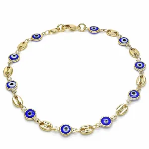 18K WOMENS GOLD Filled High Polish Finsh Mariner MARINA-Blue EVIL EYE LOBSTER CLASP ANKLE BRACELET 10 INCH