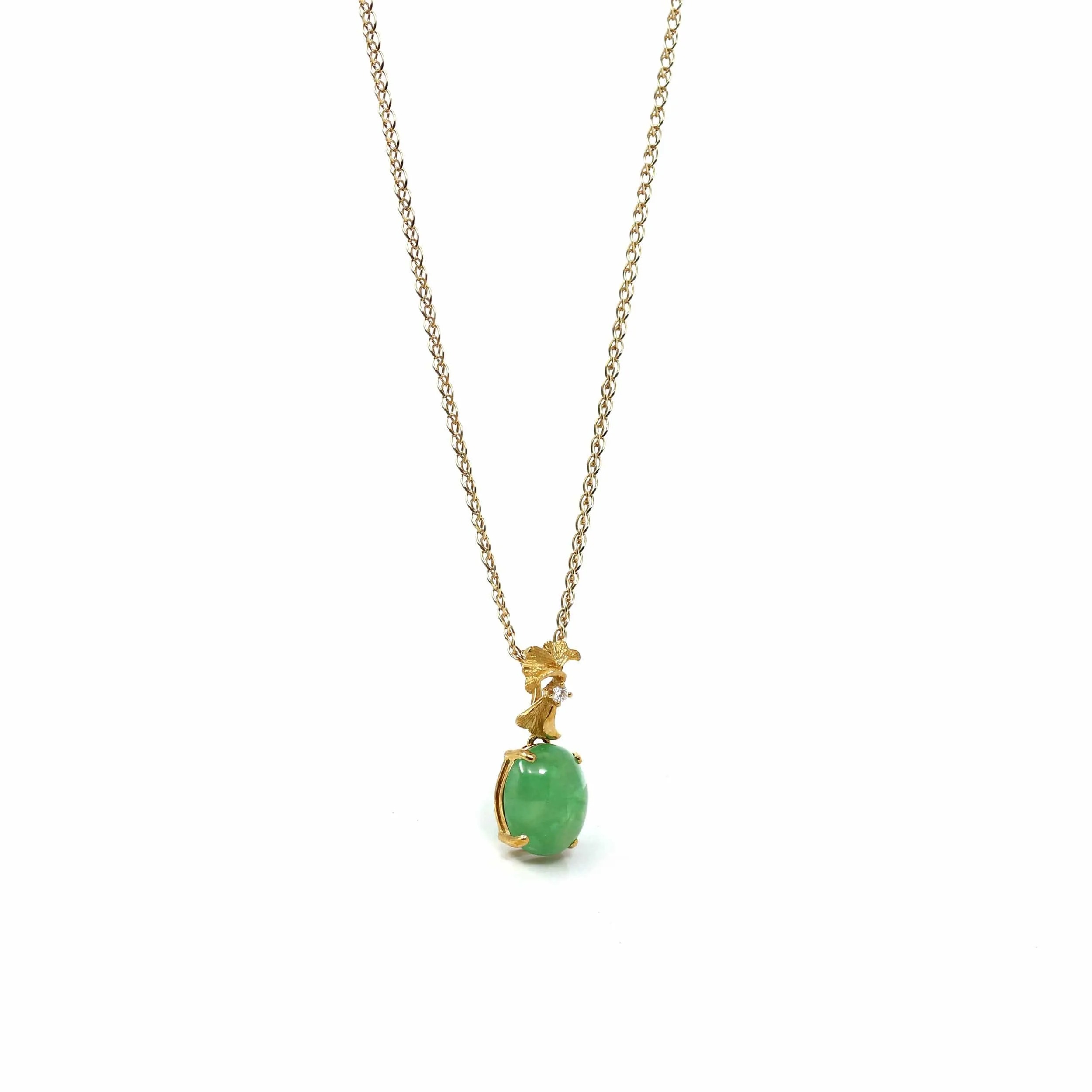 18k Yellow Gold Jadeite Jade Ginkgo Leaf Pendant Necklace with Diamond
