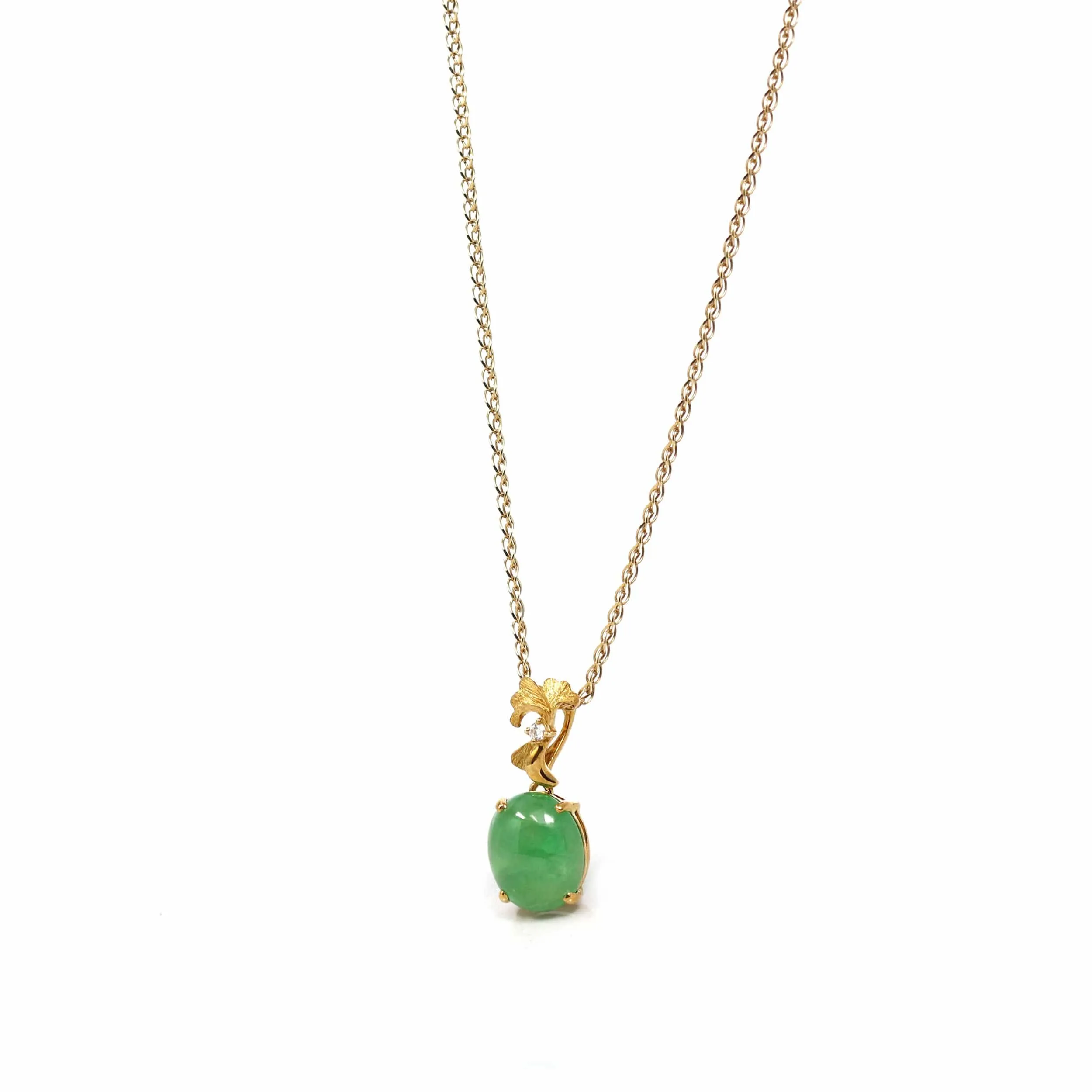 18k Yellow Gold Jadeite Jade Ginkgo Leaf Pendant Necklace with Diamond