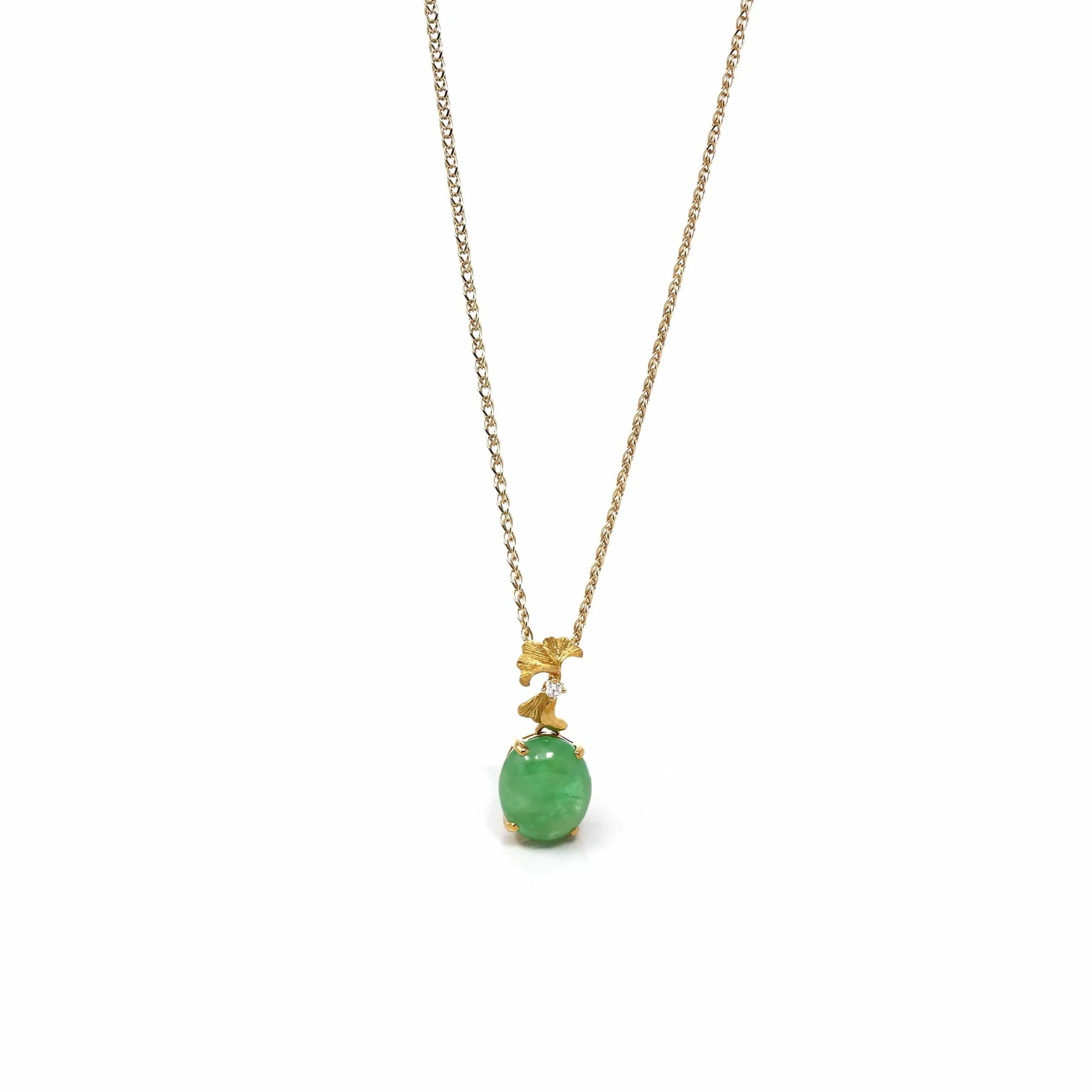 18k Yellow Gold Jadeite Jade Ginkgo Leaf Pendant Necklace with Diamond