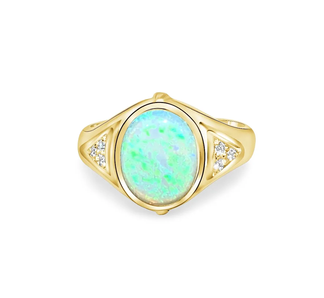 18kt Yellow Gold Green Dark Opal and Diamond