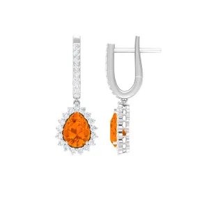 2.50 CT Fire Opal Teardrop Bridal Hoop Earrings with Moissanite