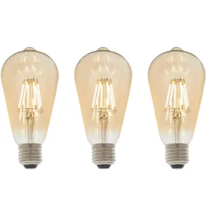 3 X E27 LED Filament Amber Pear Shaped Dimmable 6w Light Bulb