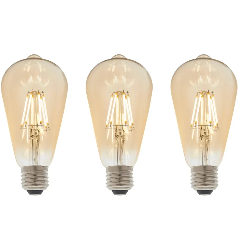 3 X E27 LED Filament Amber Pear Shaped Dimmable 6w Light Bulb