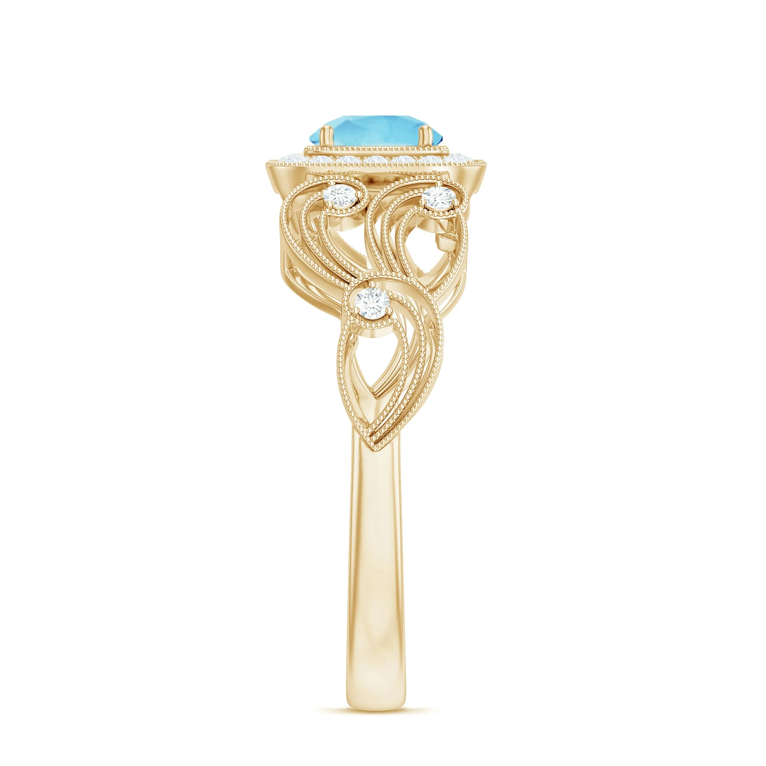 3/4 CT Aquamarine and Diamond Art Deco Engagement Ring with Milgrain Details