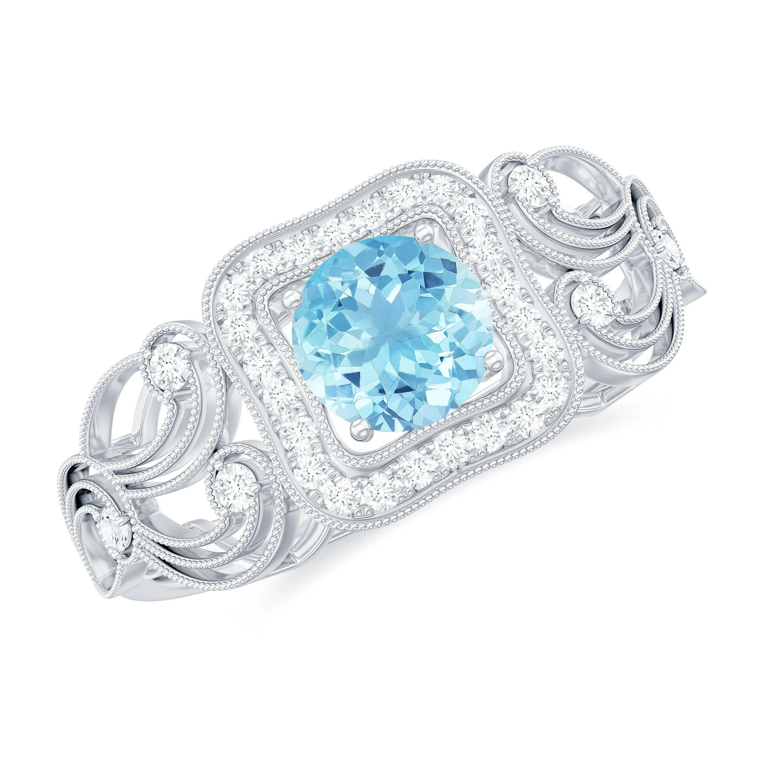 3/4 CT Aquamarine and Diamond Art Deco Engagement Ring with Milgrain Details