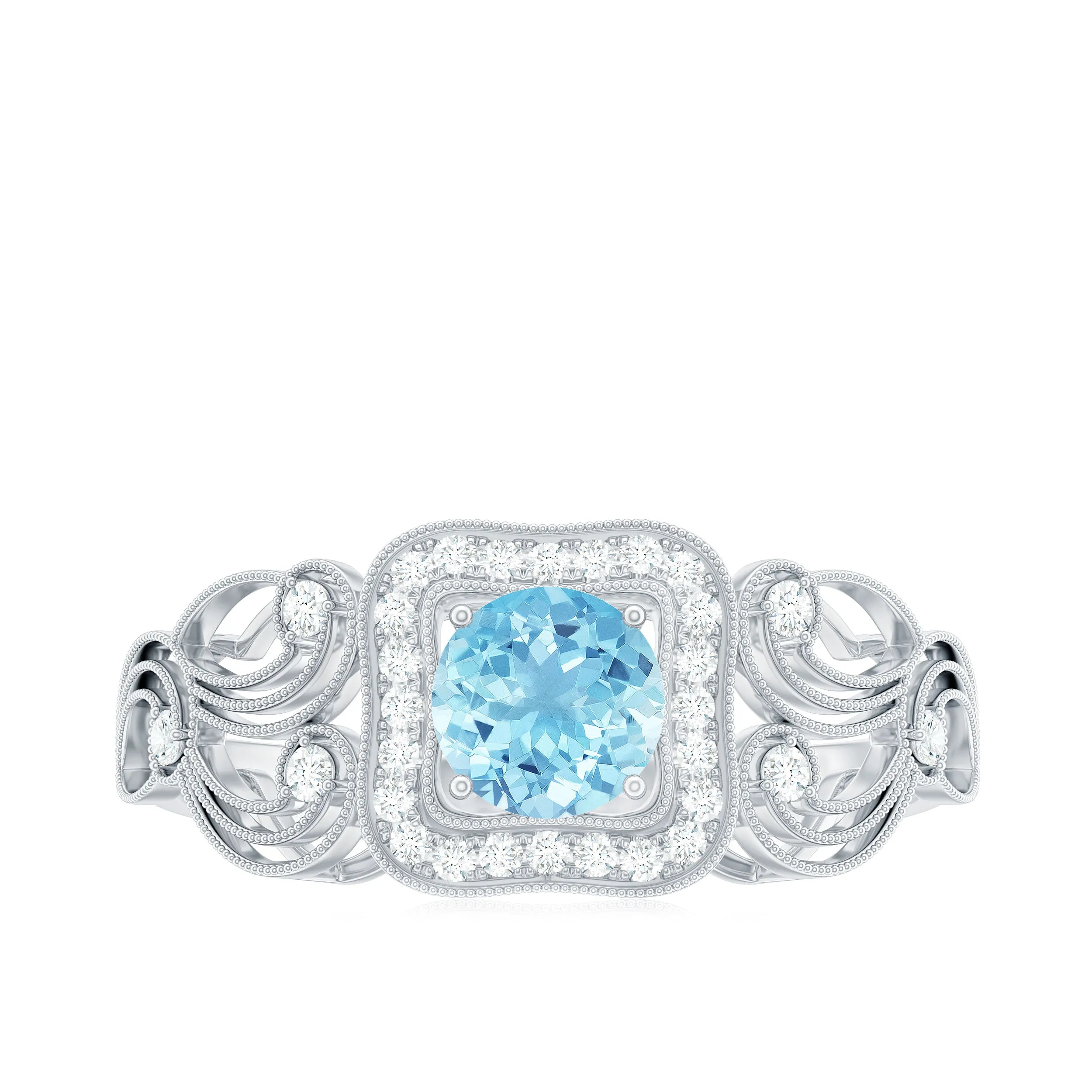 3/4 CT Aquamarine and Diamond Art Deco Engagement Ring with Milgrain Details