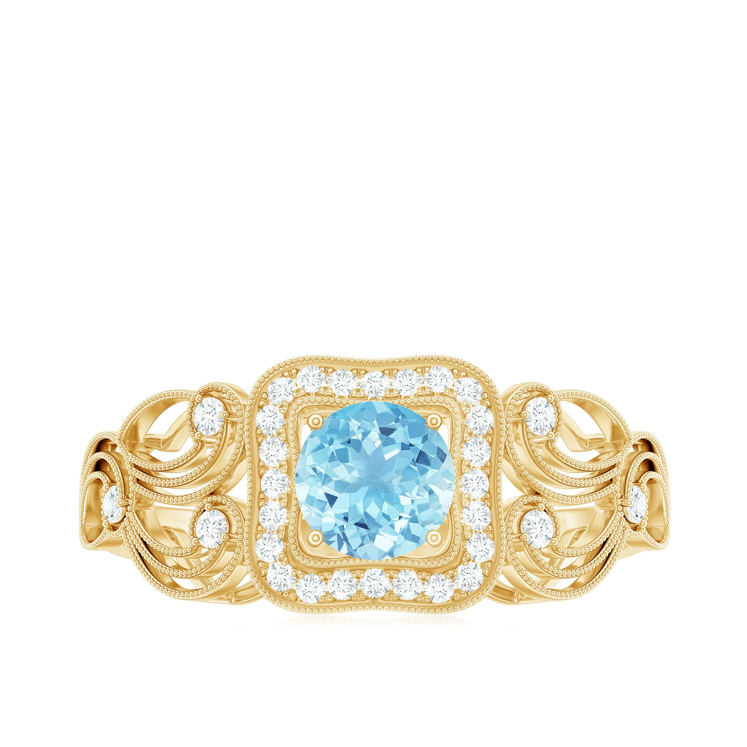 3/4 CT Aquamarine and Diamond Art Deco Engagement Ring with Milgrain Details