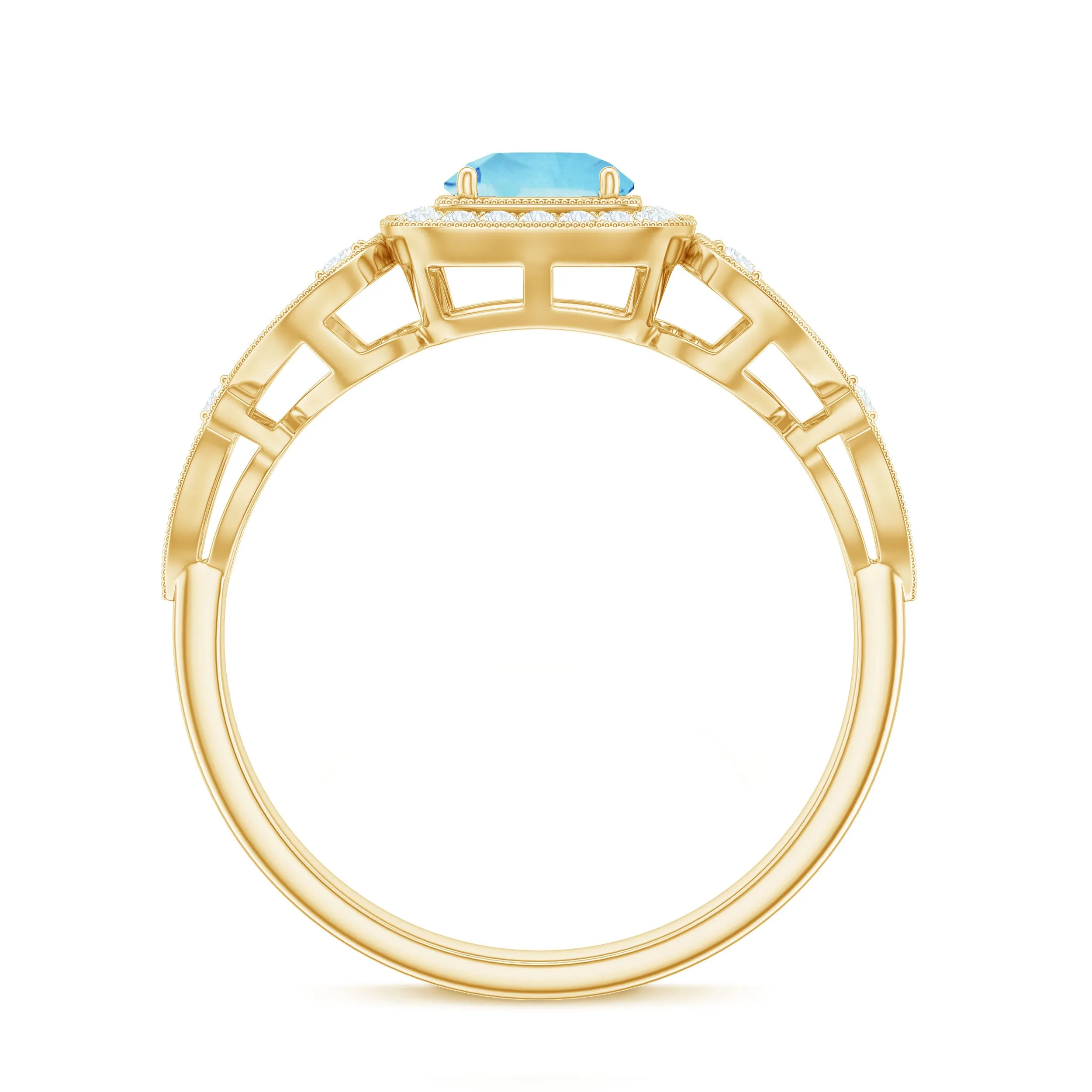 3/4 CT Aquamarine and Diamond Art Deco Engagement Ring with Milgrain Details