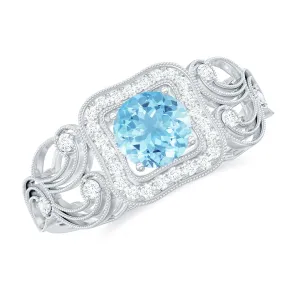 3/4 CT Aquamarine and Diamond Art Deco Engagement Ring with Milgrain Details