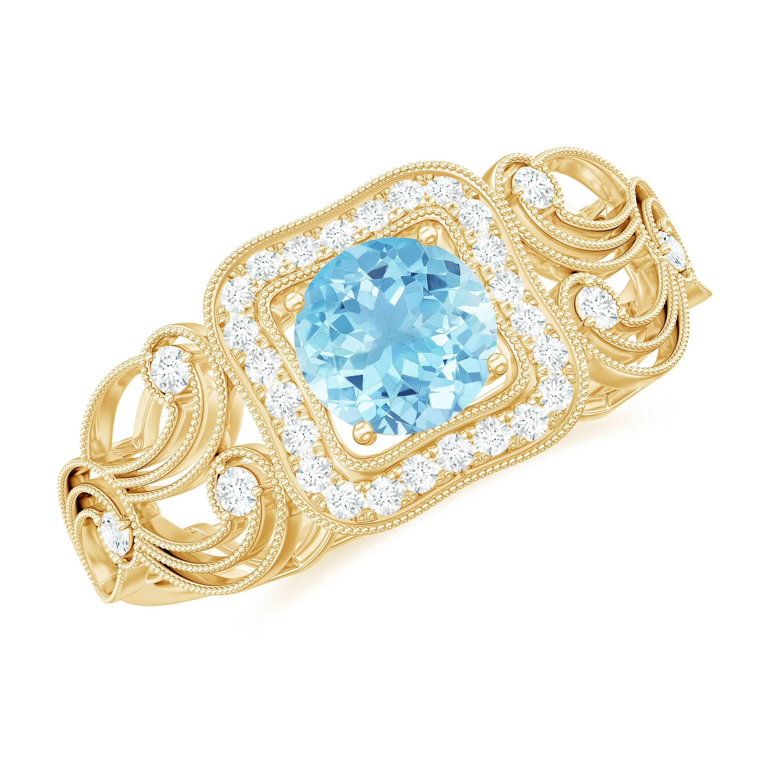 3/4 CT Aquamarine and Diamond Art Deco Engagement Ring with Milgrain Details