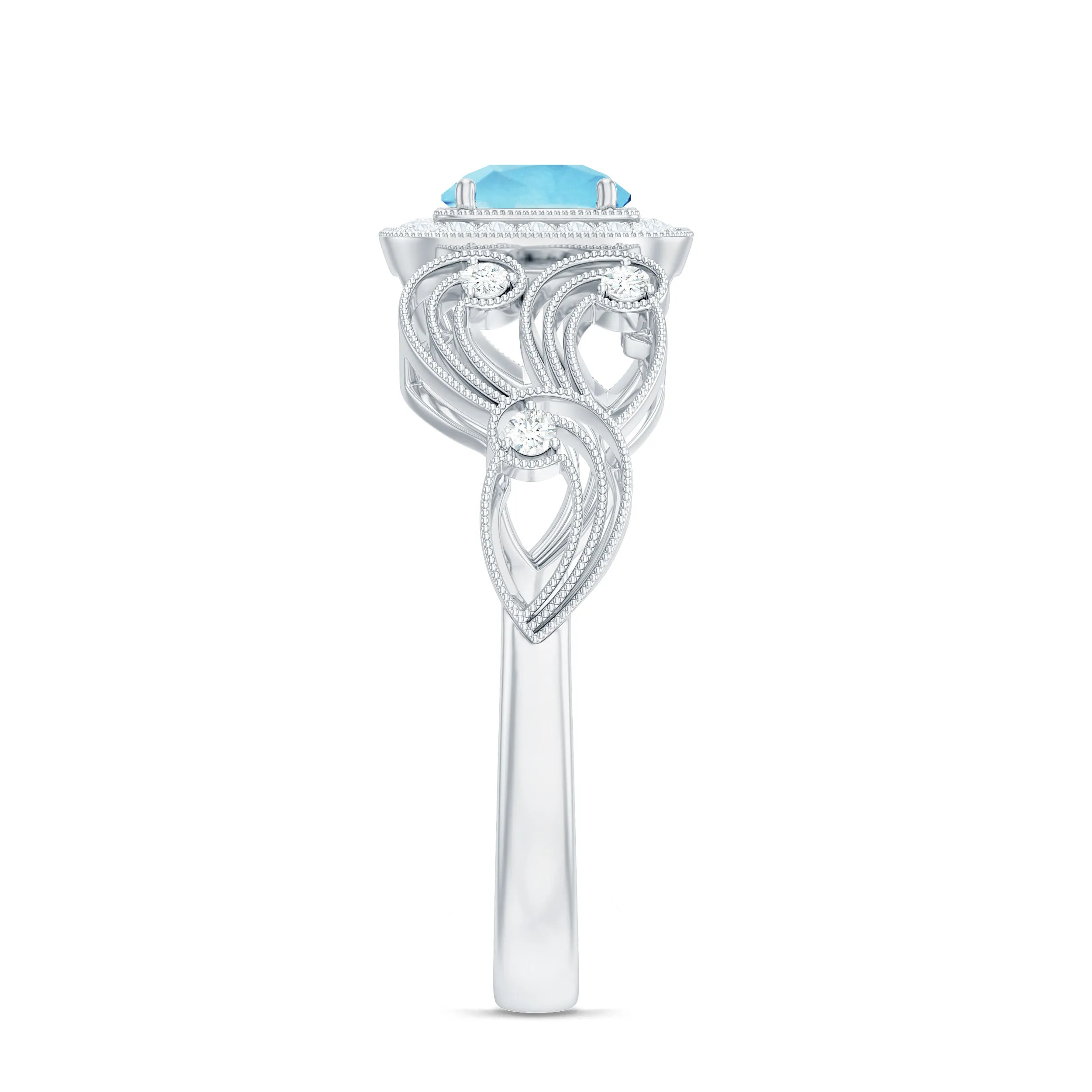 3/4 CT Aquamarine and Diamond Art Deco Engagement Ring with Milgrain Details