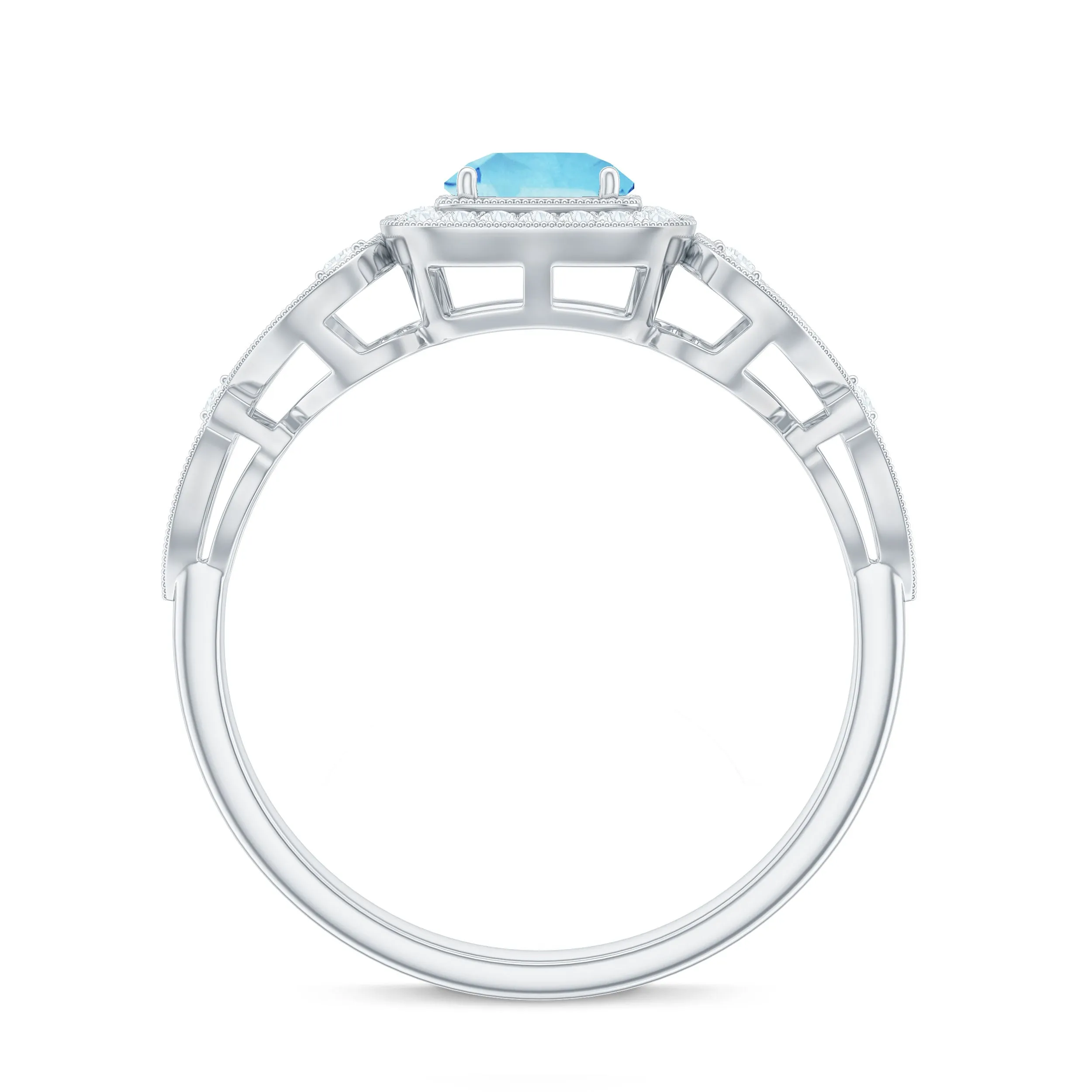 3/4 CT Aquamarine and Diamond Art Deco Engagement Ring with Milgrain Details